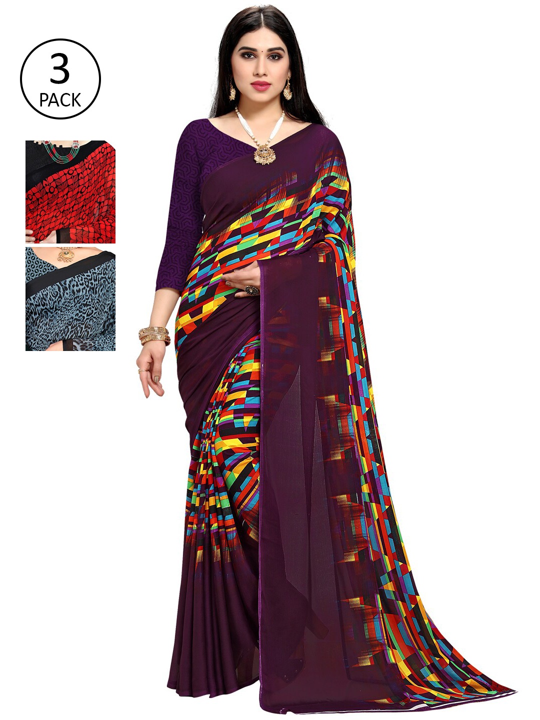 

KALINI Pack Of 3 Printed Sarees, Purple