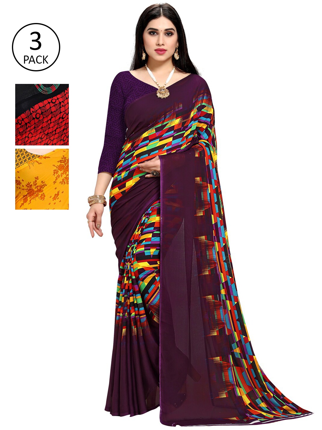 

KALINI Pack Of 3 Printed Sarees, Red