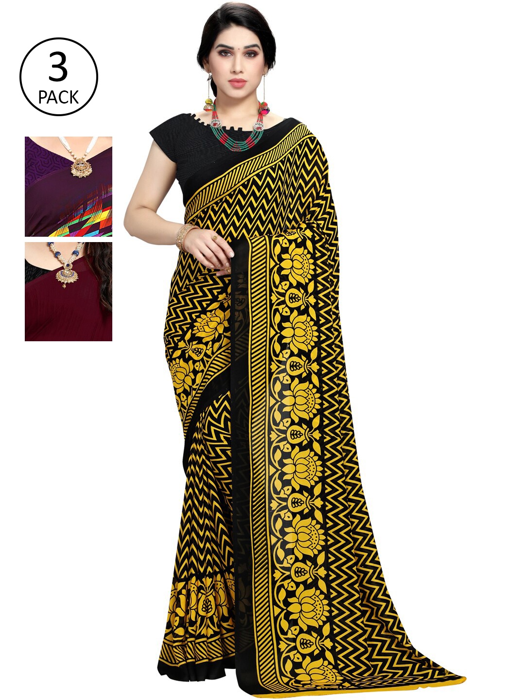 

KALINI Pack Of 3 Printed Sarees, Yellow