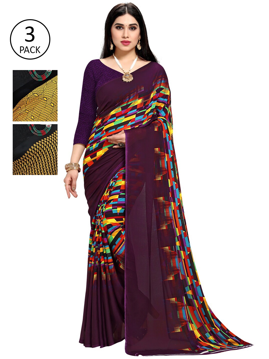 

KALINI Pack Of 3 Printed Sarees, Purple