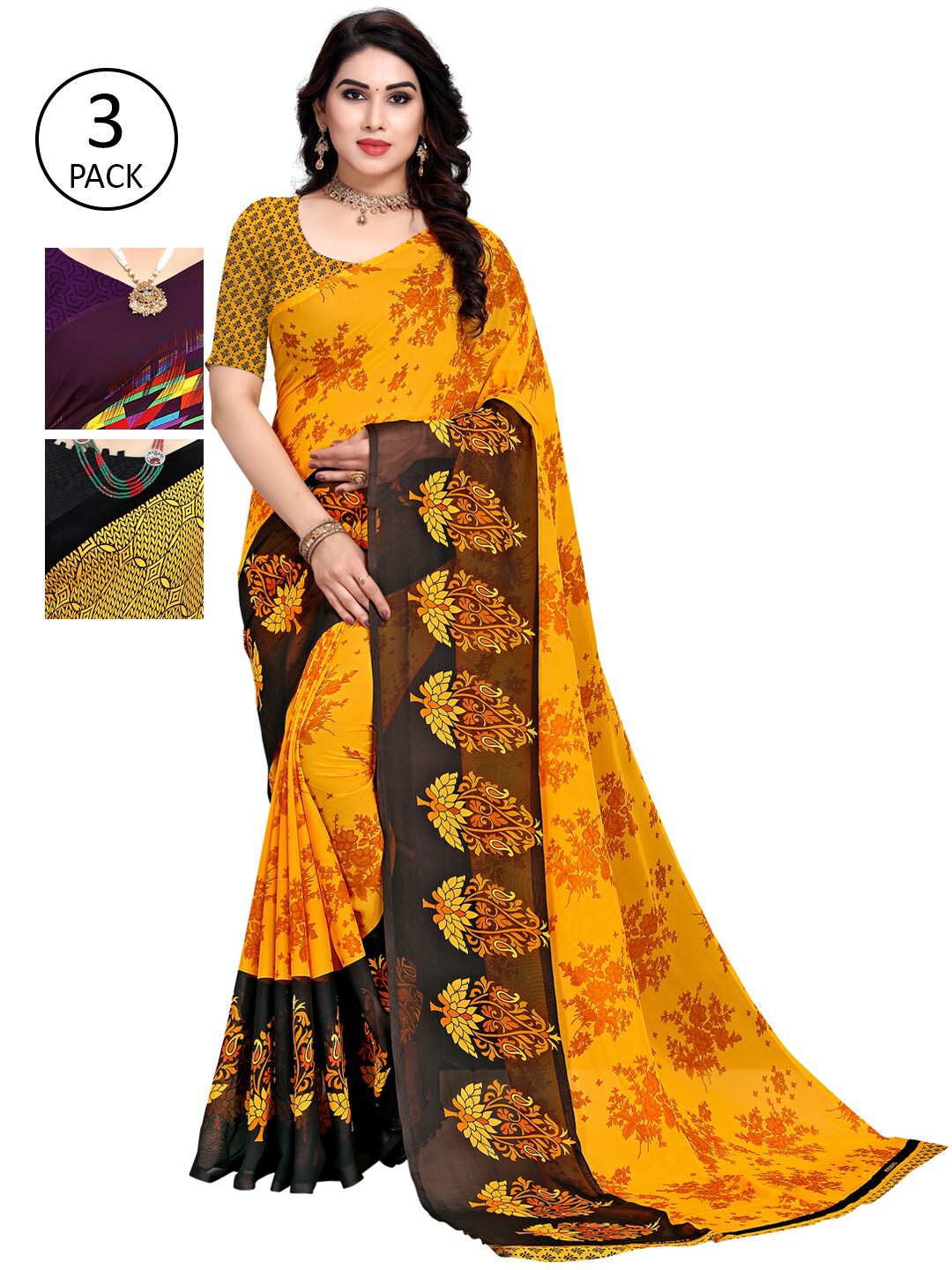 

KALINI Pack Of 3 Printed Saree, Yellow