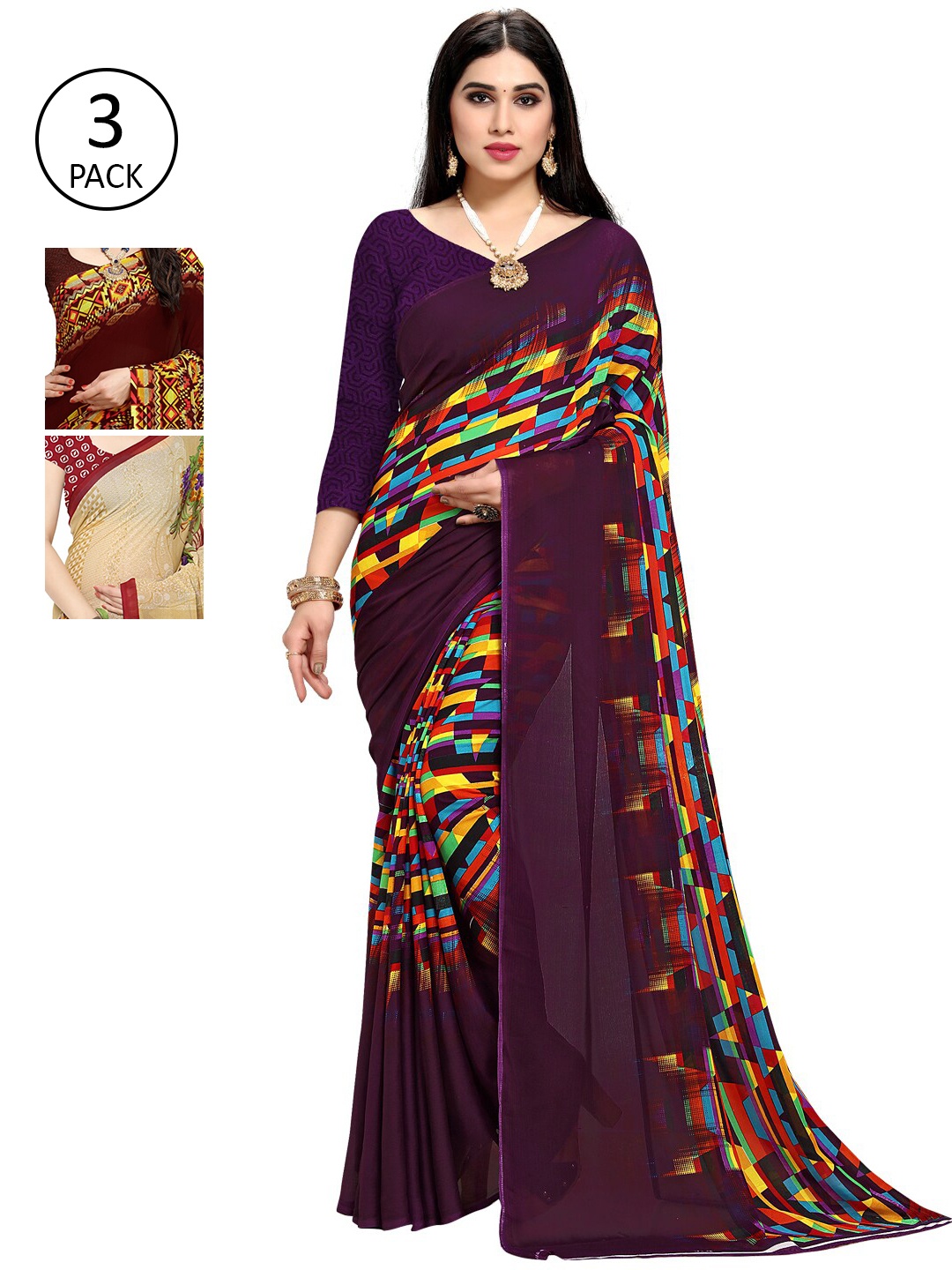 

KALINI Pack Of 3 Printed Sarees, Purple