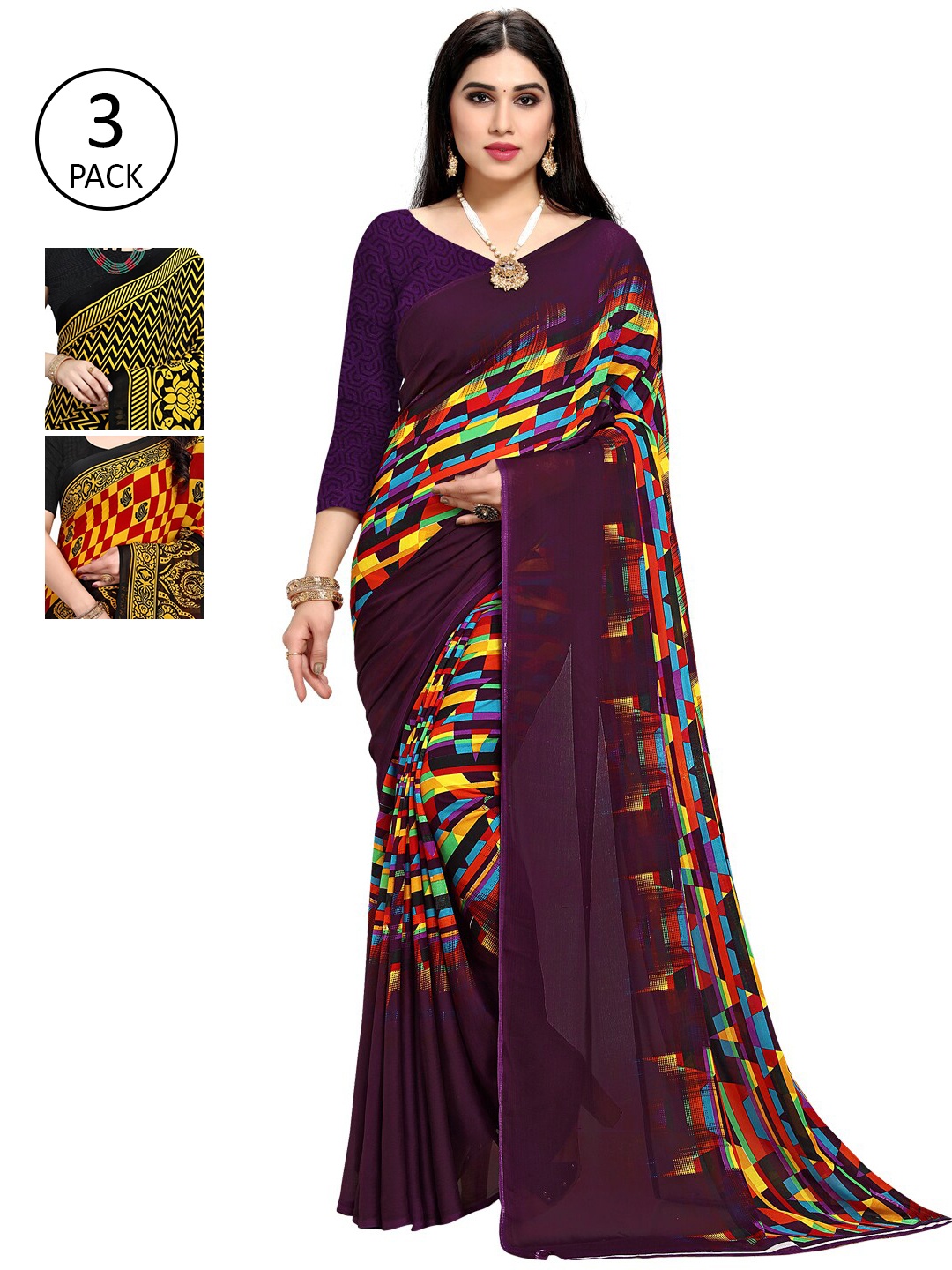

KALINI Pack Of 3 Multicoloured Printed Sarees, Multi