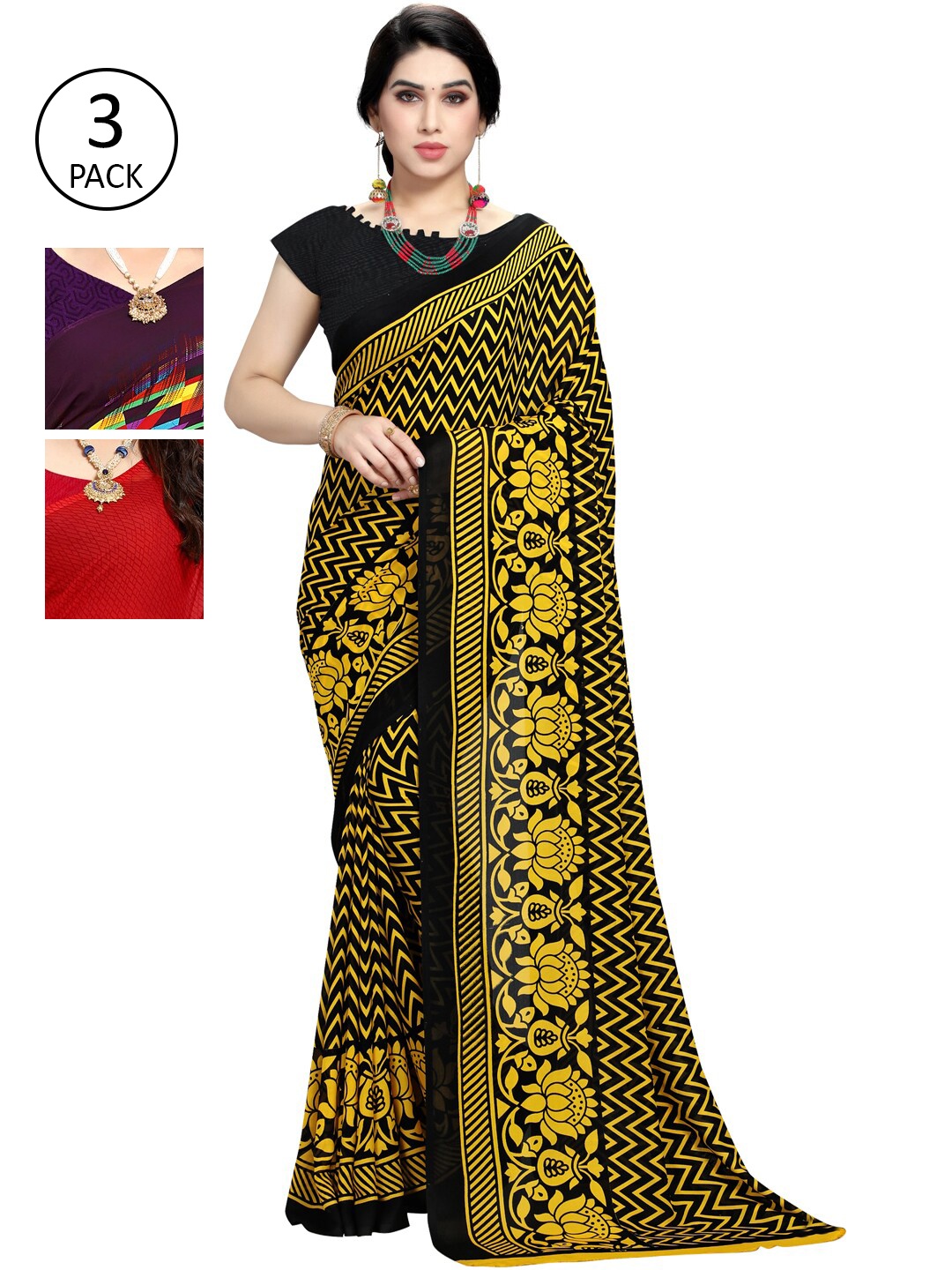

KALINI Pack Of 3 Printed Saree, Yellow