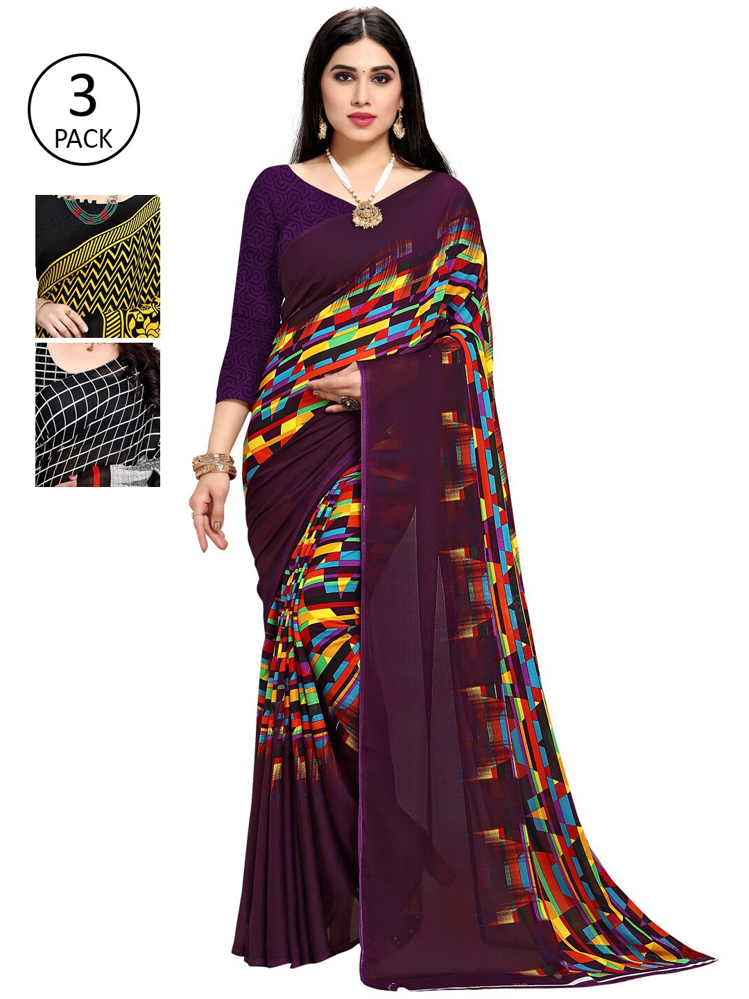 

KALINI Pack Of 3 Printed Sarees, Purple