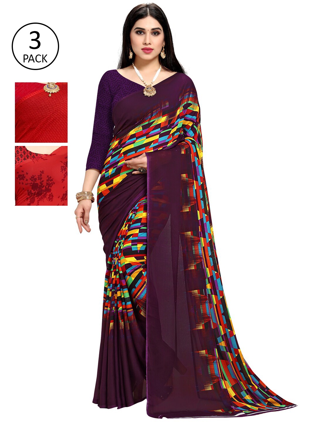 

KALINI Pack Of 3 Printed Saree, Purple