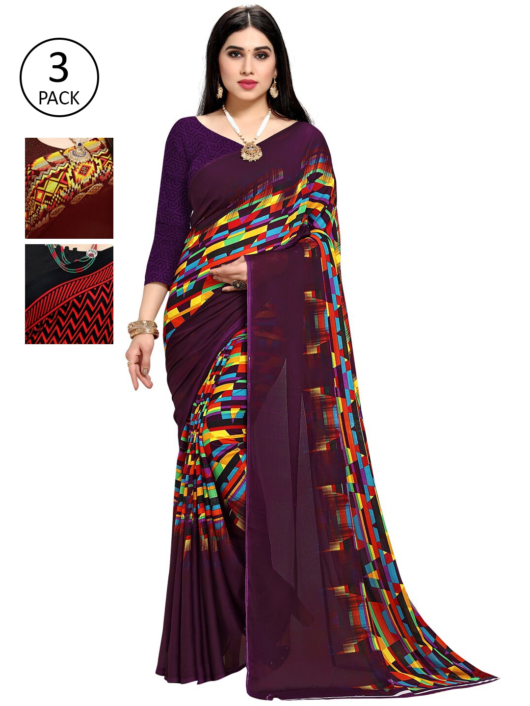 

KALINI Pack Of 3 Printed Sarees, Purple