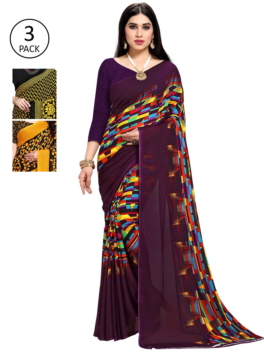 

KALINI Pack Of 3 Printed Sarees, Purple