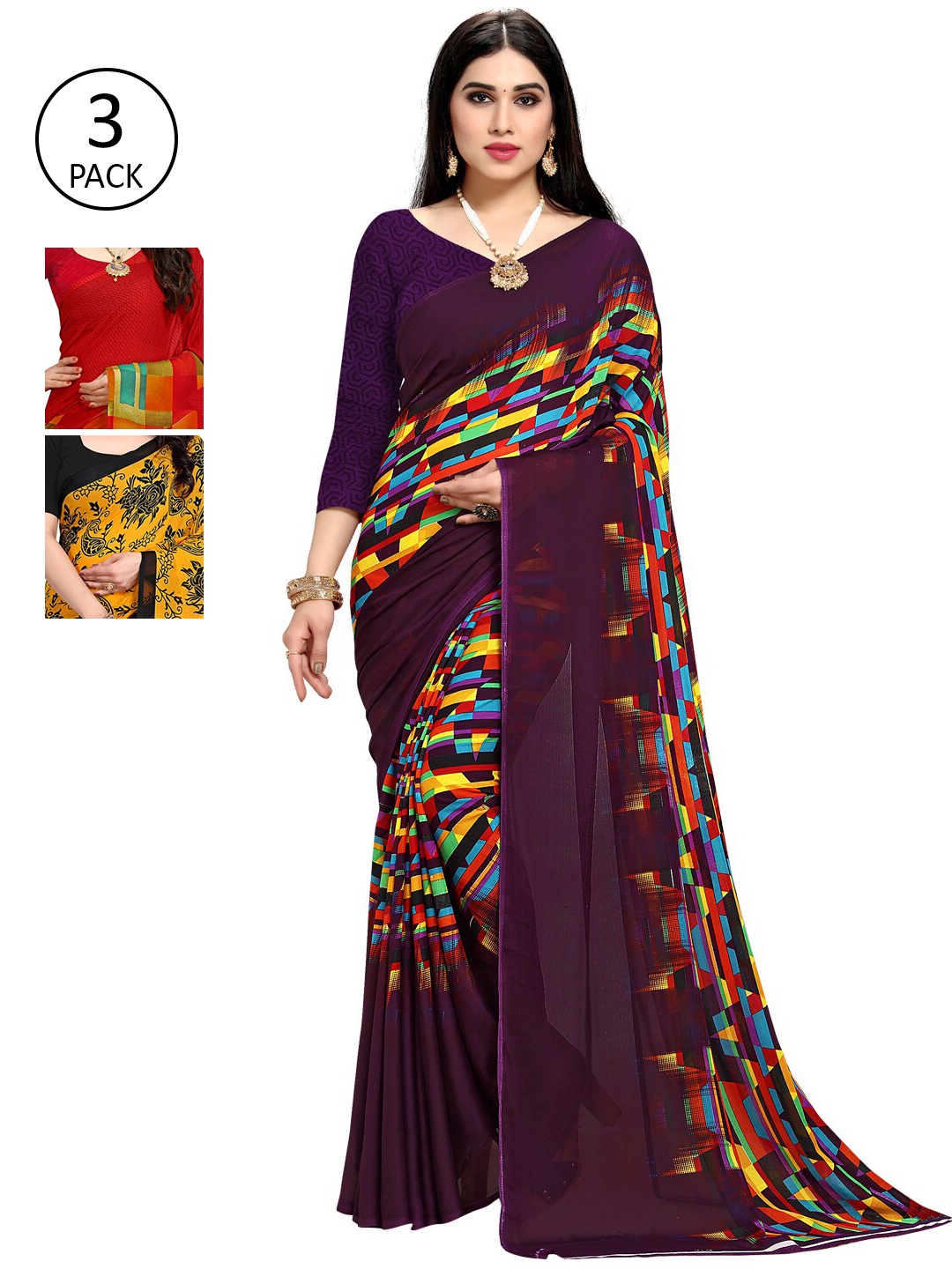 

KALINI Pack Of 3 Printed Sarees, Purple