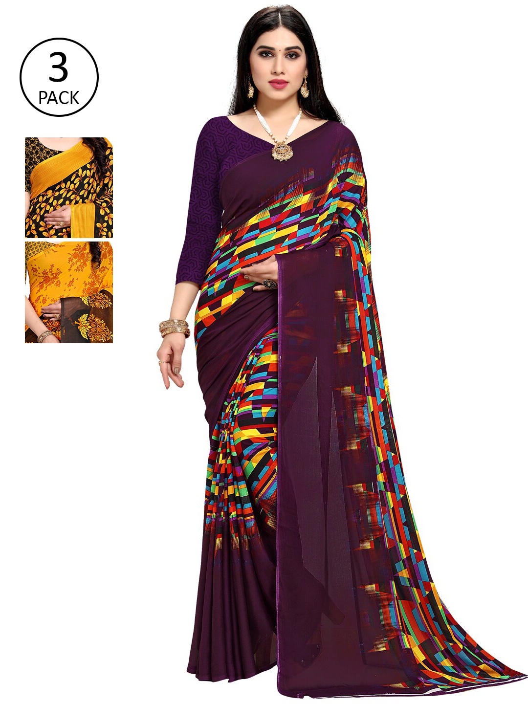 

KALINI Pack Of 3 Printed Saree, Purple