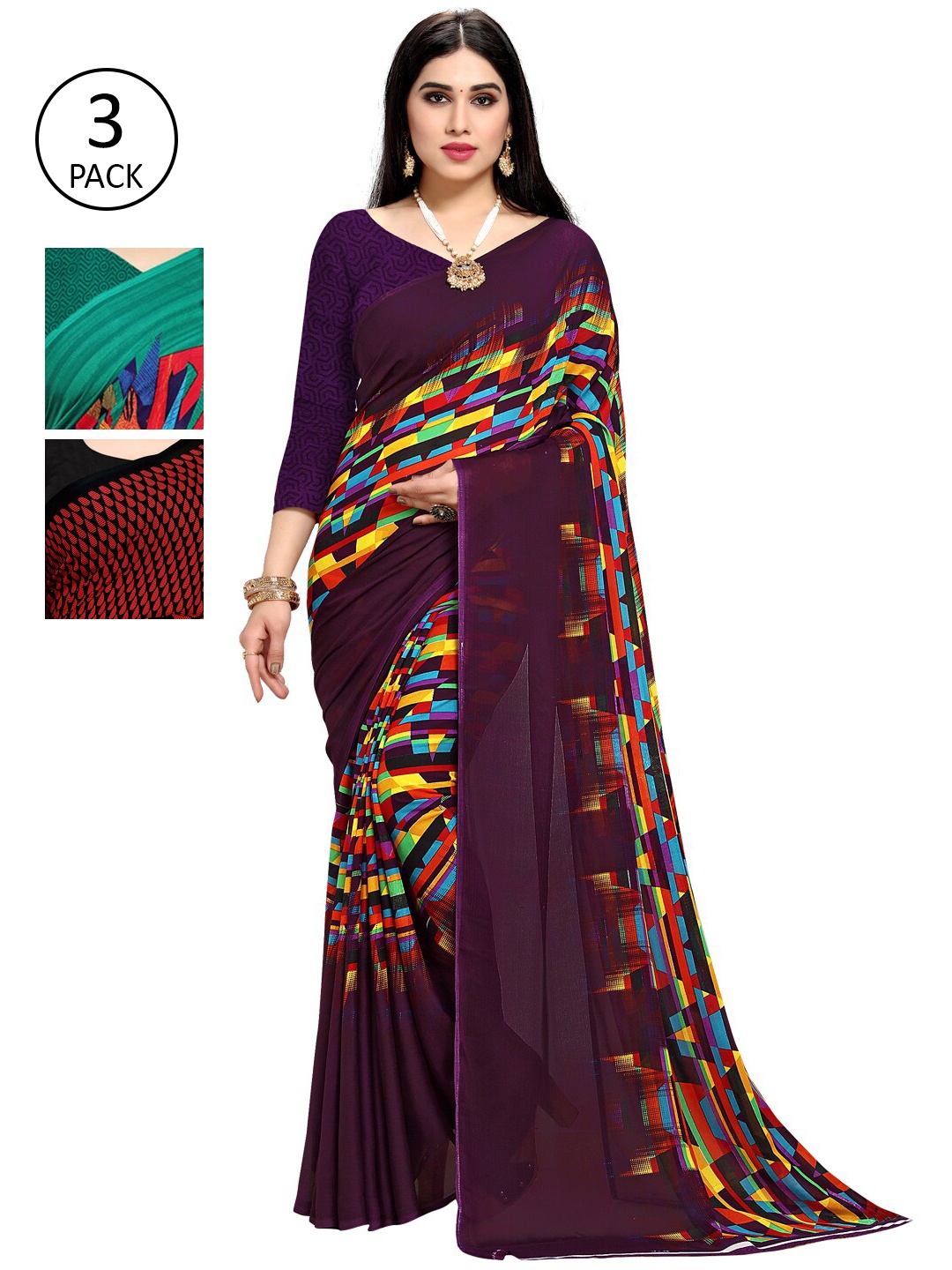 

KALINI Pack Of 3 Printed Sarees, Purple