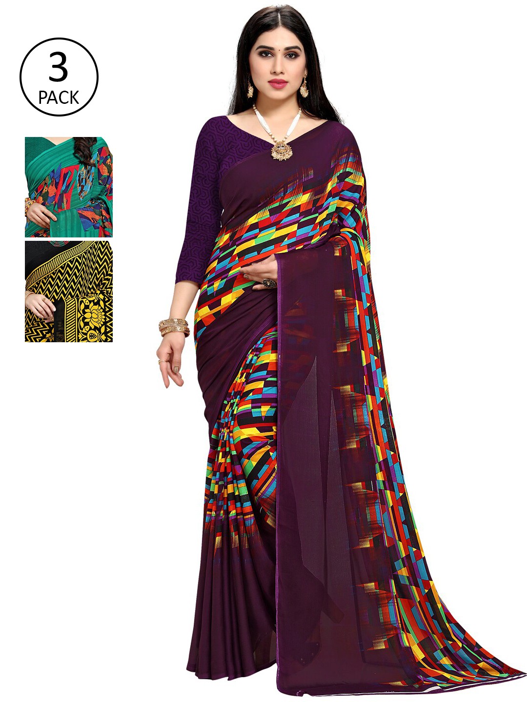 

KALINI Pack Of 3 Multicoloured Printed Sarees, Multi