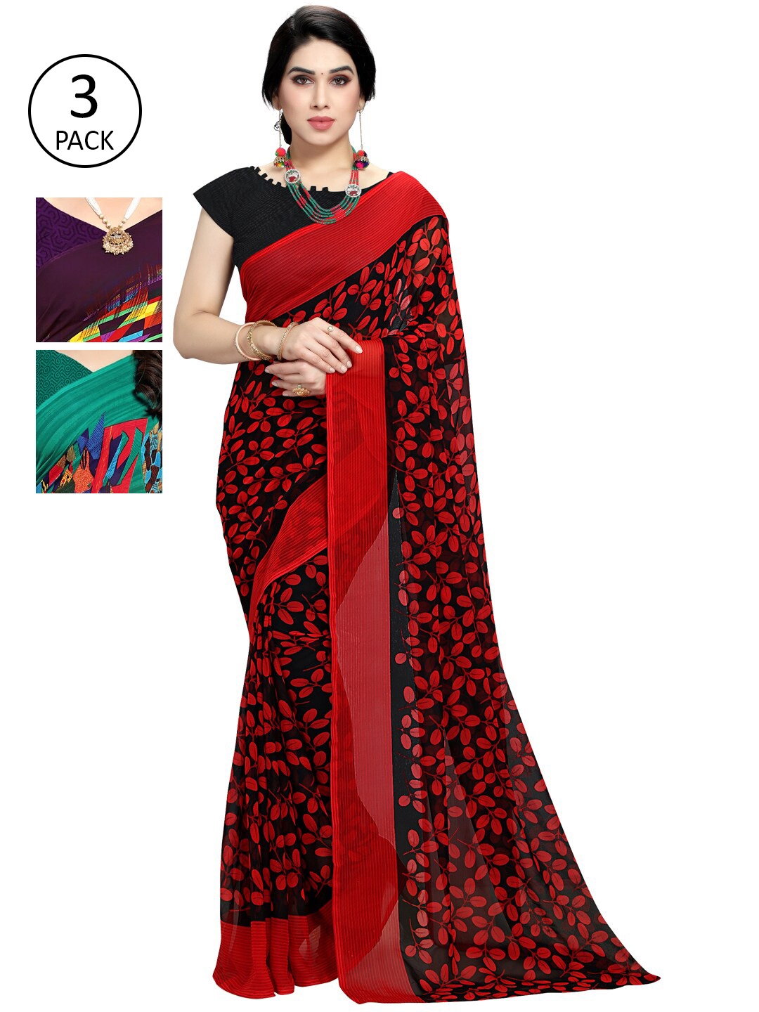 

KALINI Pack Of 3 Printed Saree, Red