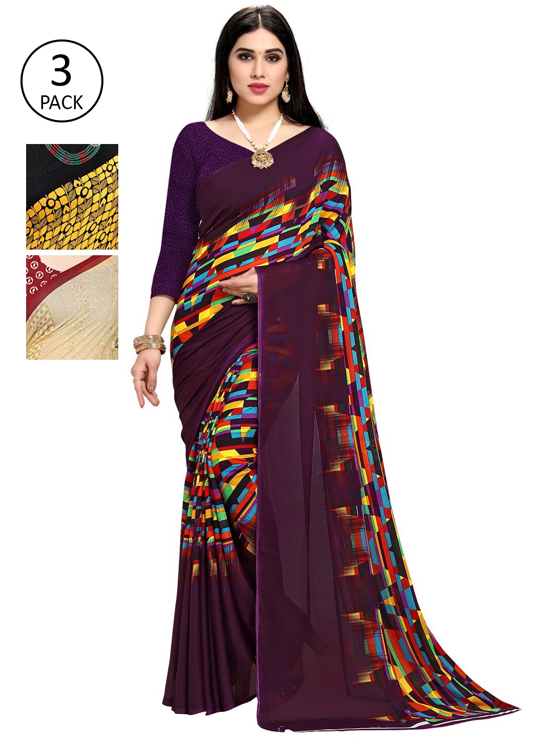 

KALINI Pack Of 3 Printed Sarees, Purple