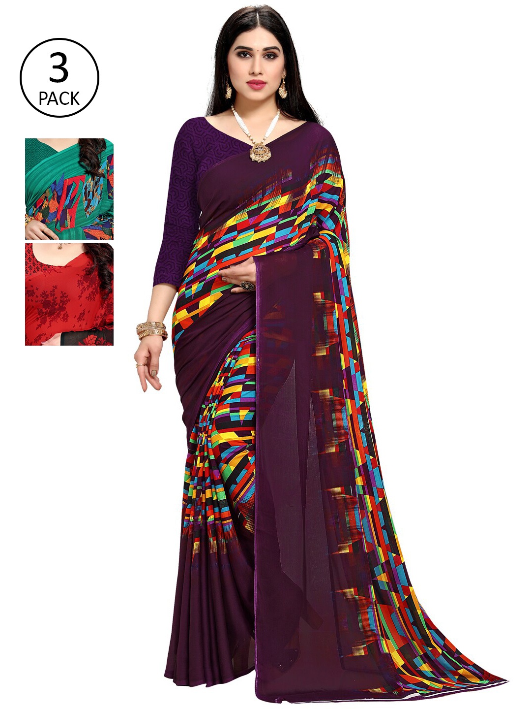 

KALINI Pack Of 3 Printed Sarees, Purple