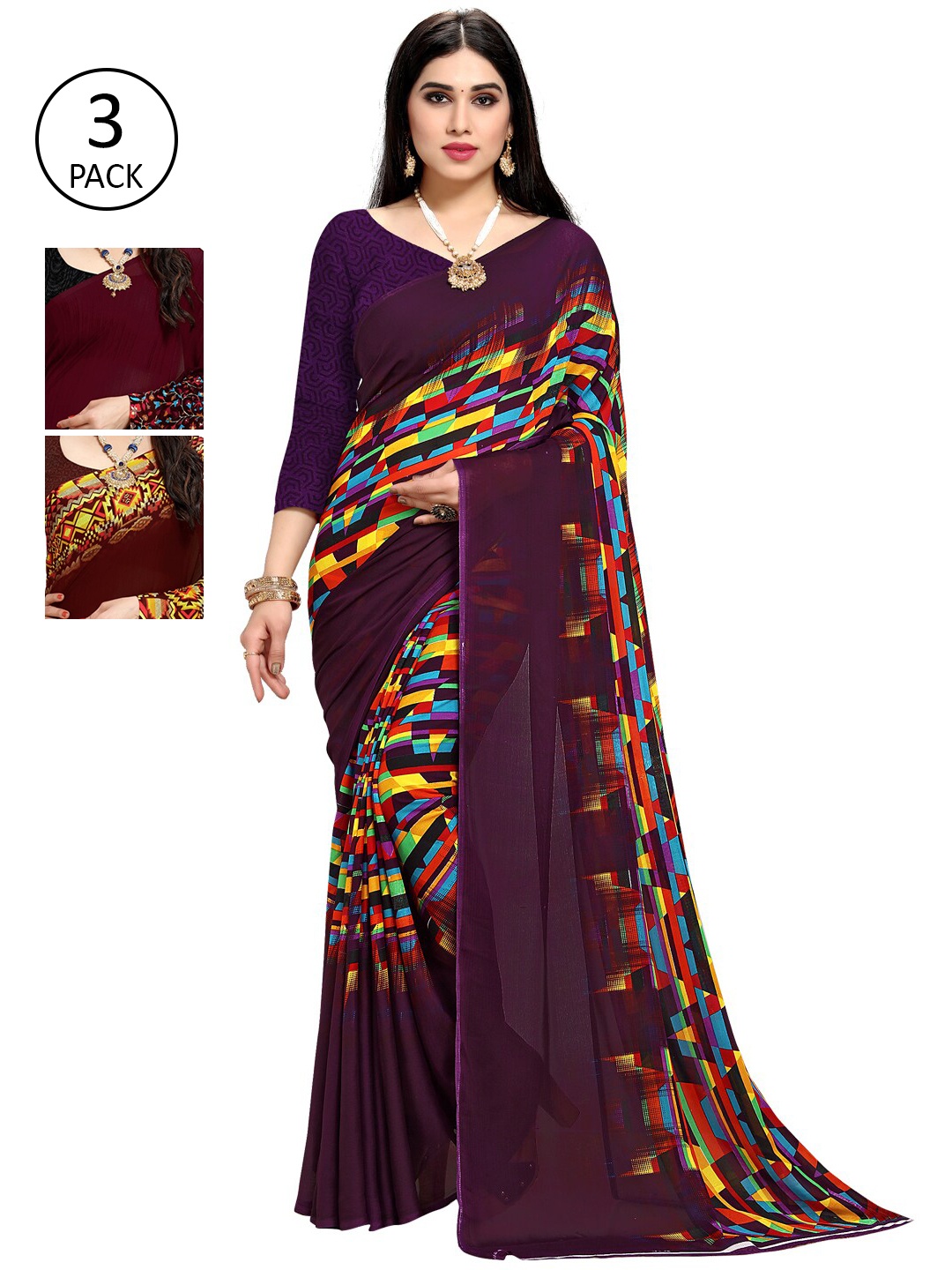

KALINI Pack Of 3 Multicoloured Printed Sarees, Multi