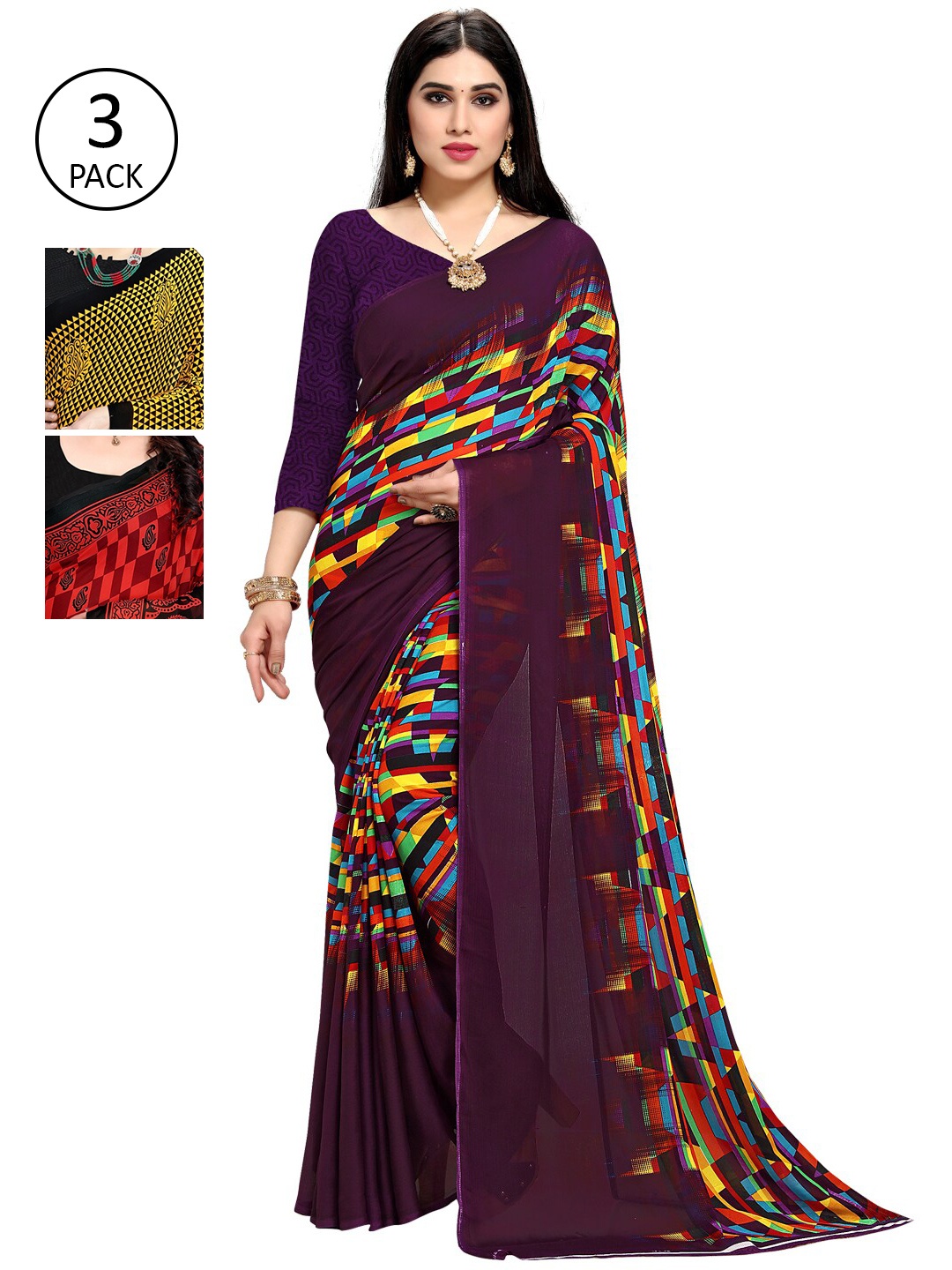 

KALINI Pack Of 3 Printed Saree, Purple