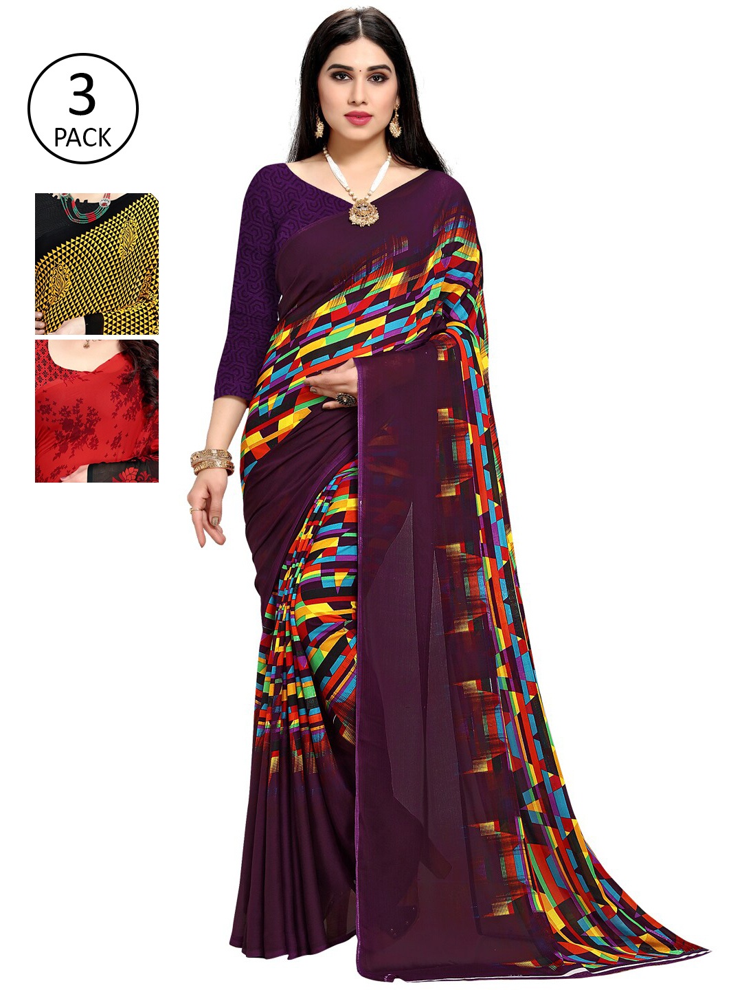 

KALINI Pack Of 3 Printed Sarees, Purple
