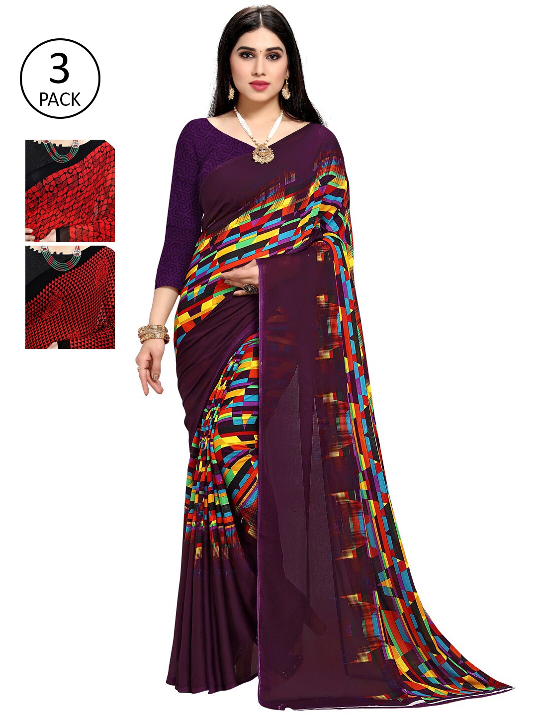 

KALINI Pack Of 3 Printed Sarees, Purple