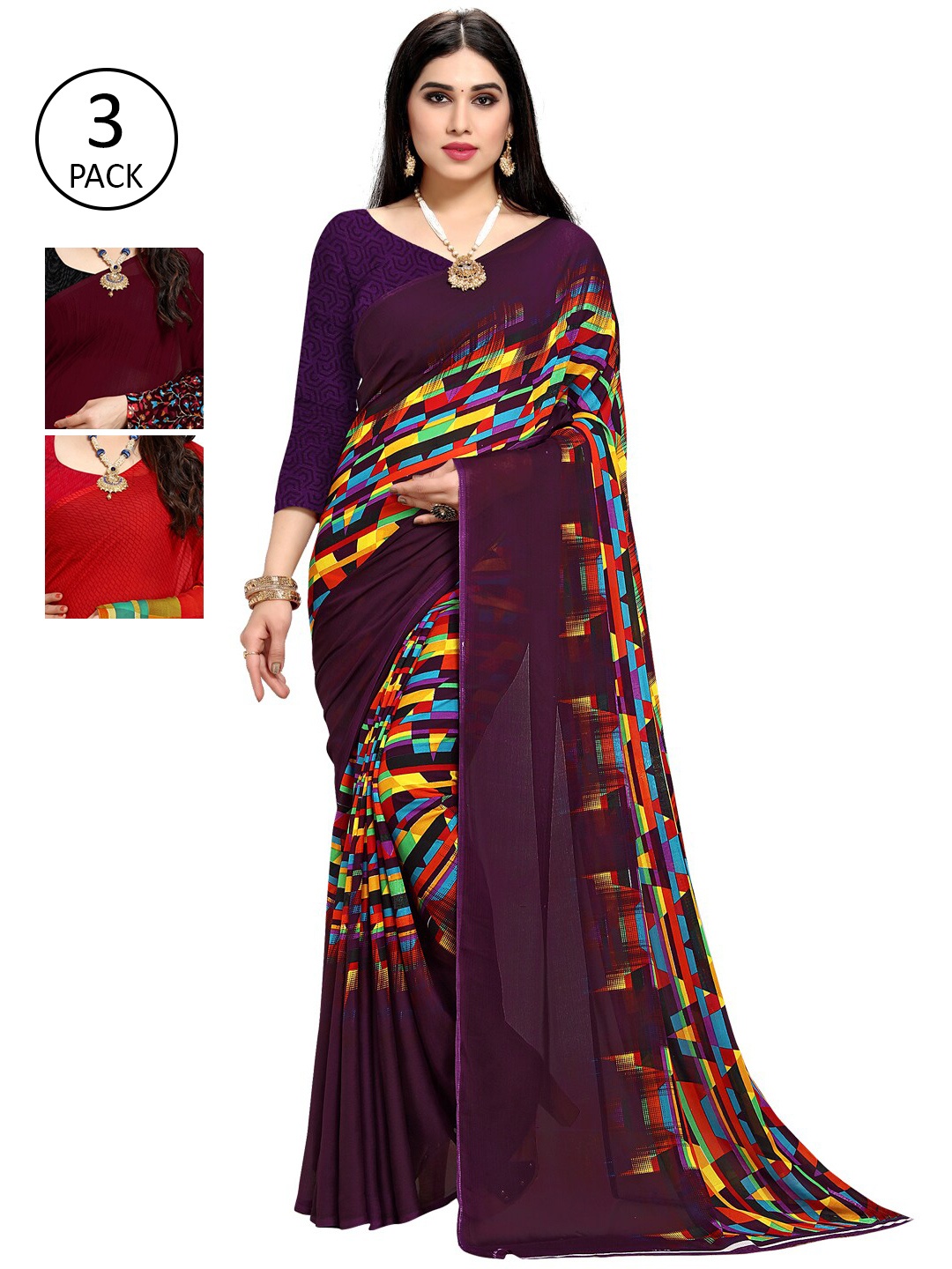 

KALINI Pack Of 3 Printed Saree, Purple