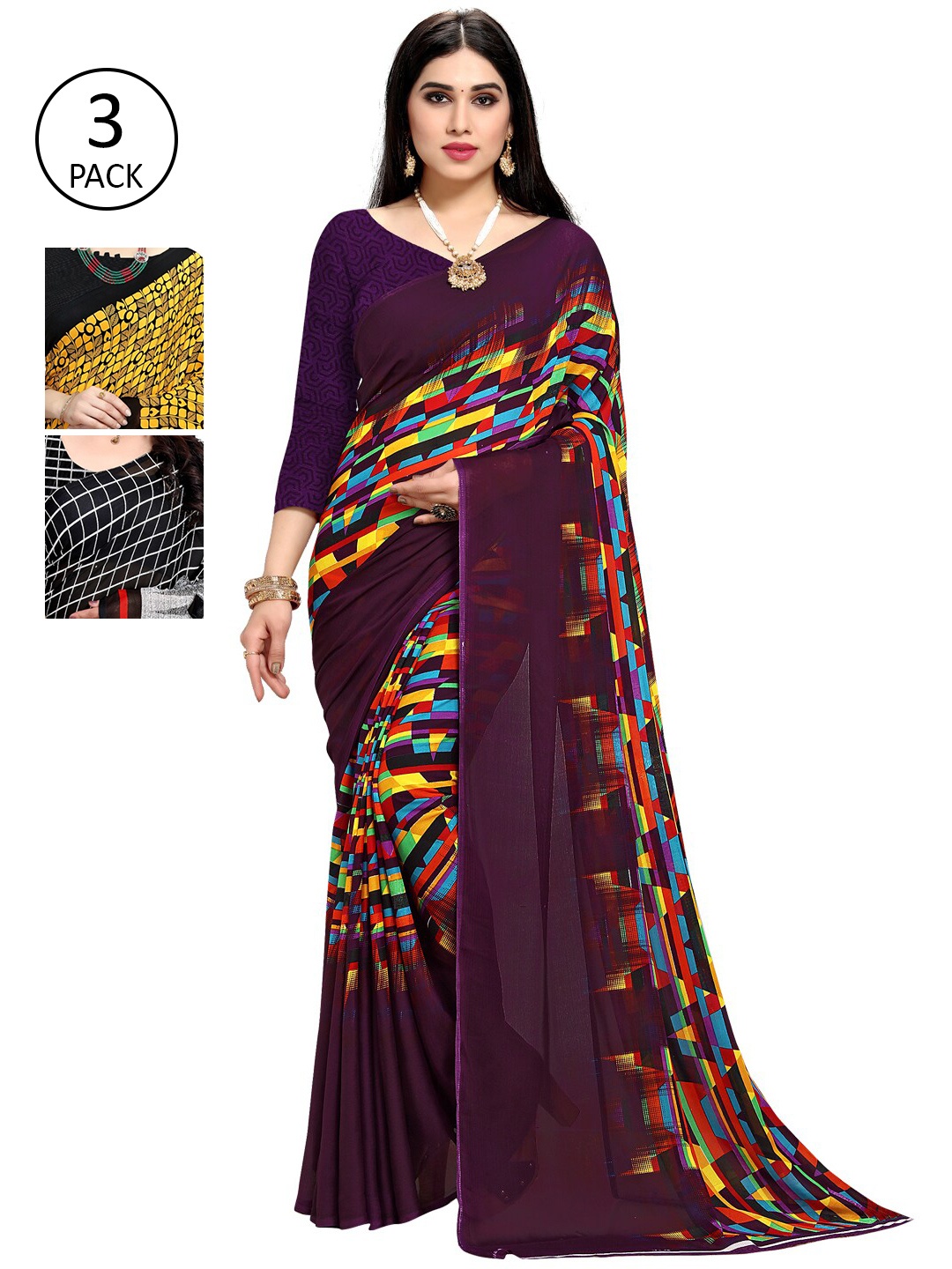 

KALINI Pack Of 3 Multicoloured Printed Sarees, Multi