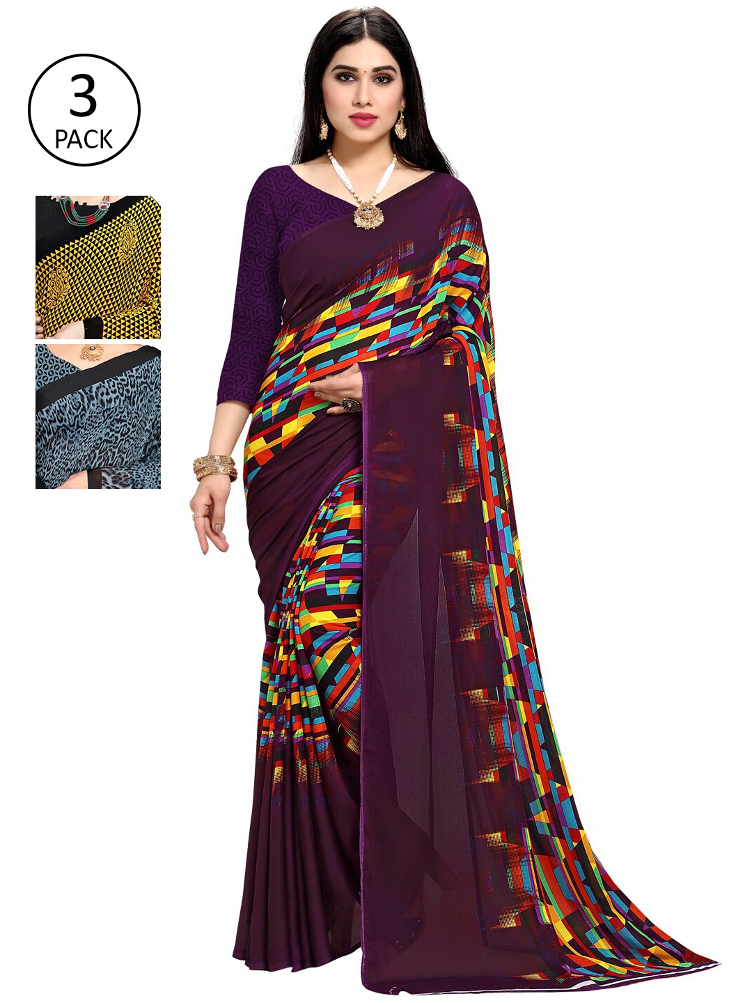 

KALINI Pack Of 3 Printed Saree, Purple