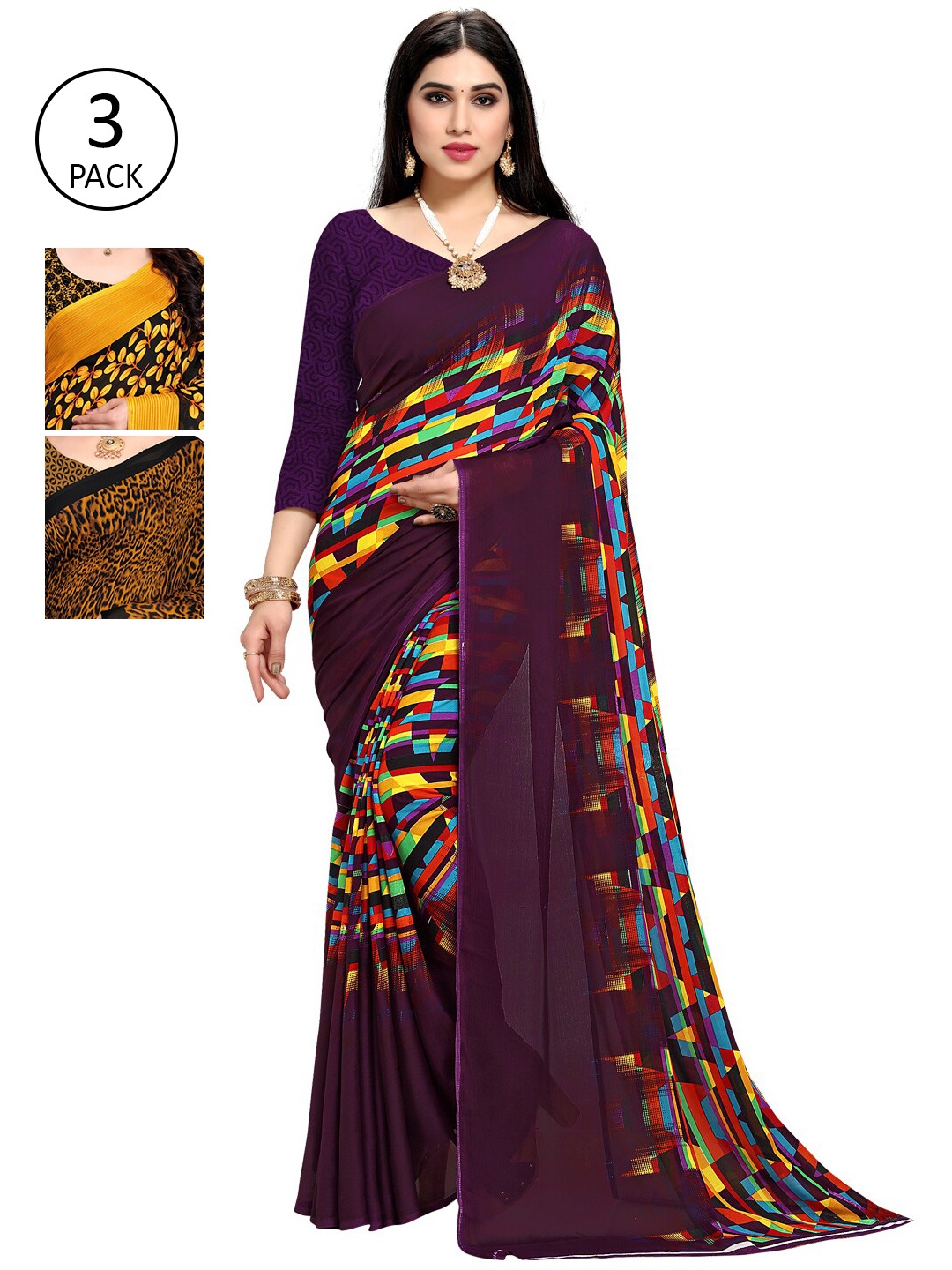 

KALINI Pack Of 3 Printed Sarees, Purple