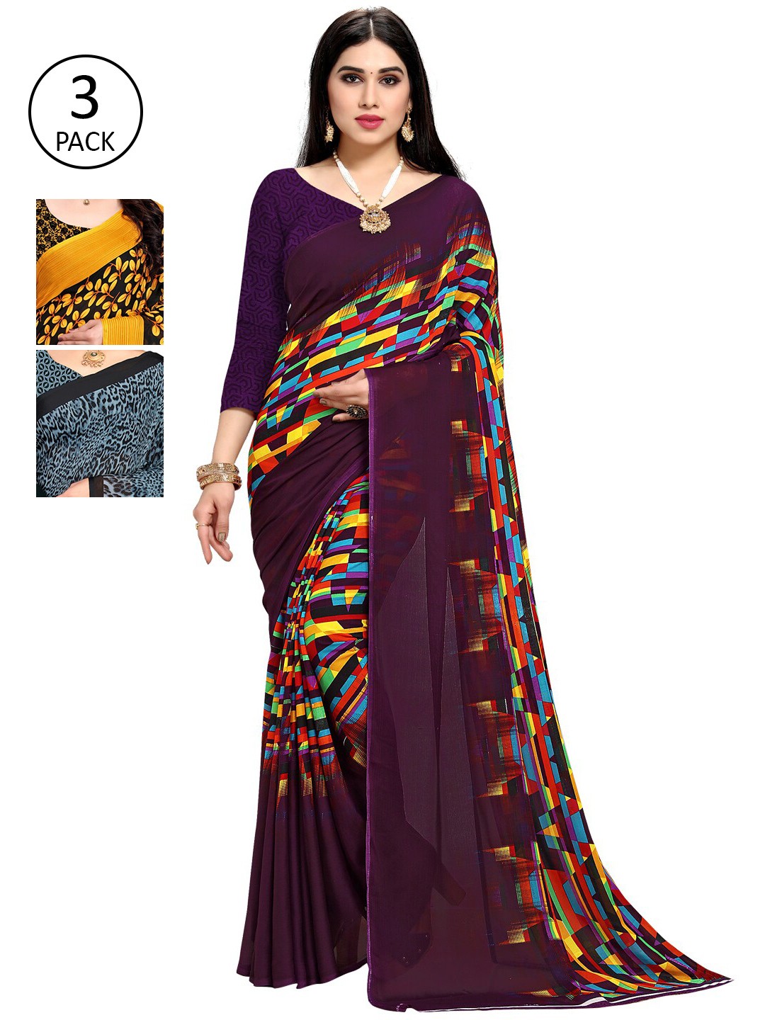 

KALINI Pack Of 3 Multicoloured Printed Sarees, Multi