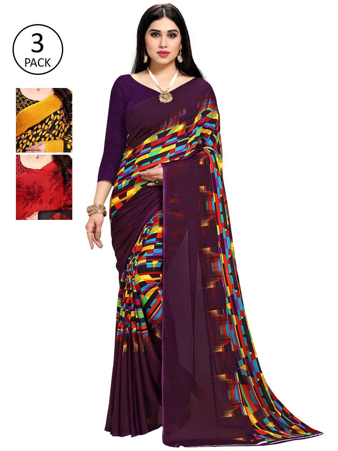 

KALINI Pack Of 3 Printed Saree, Purple