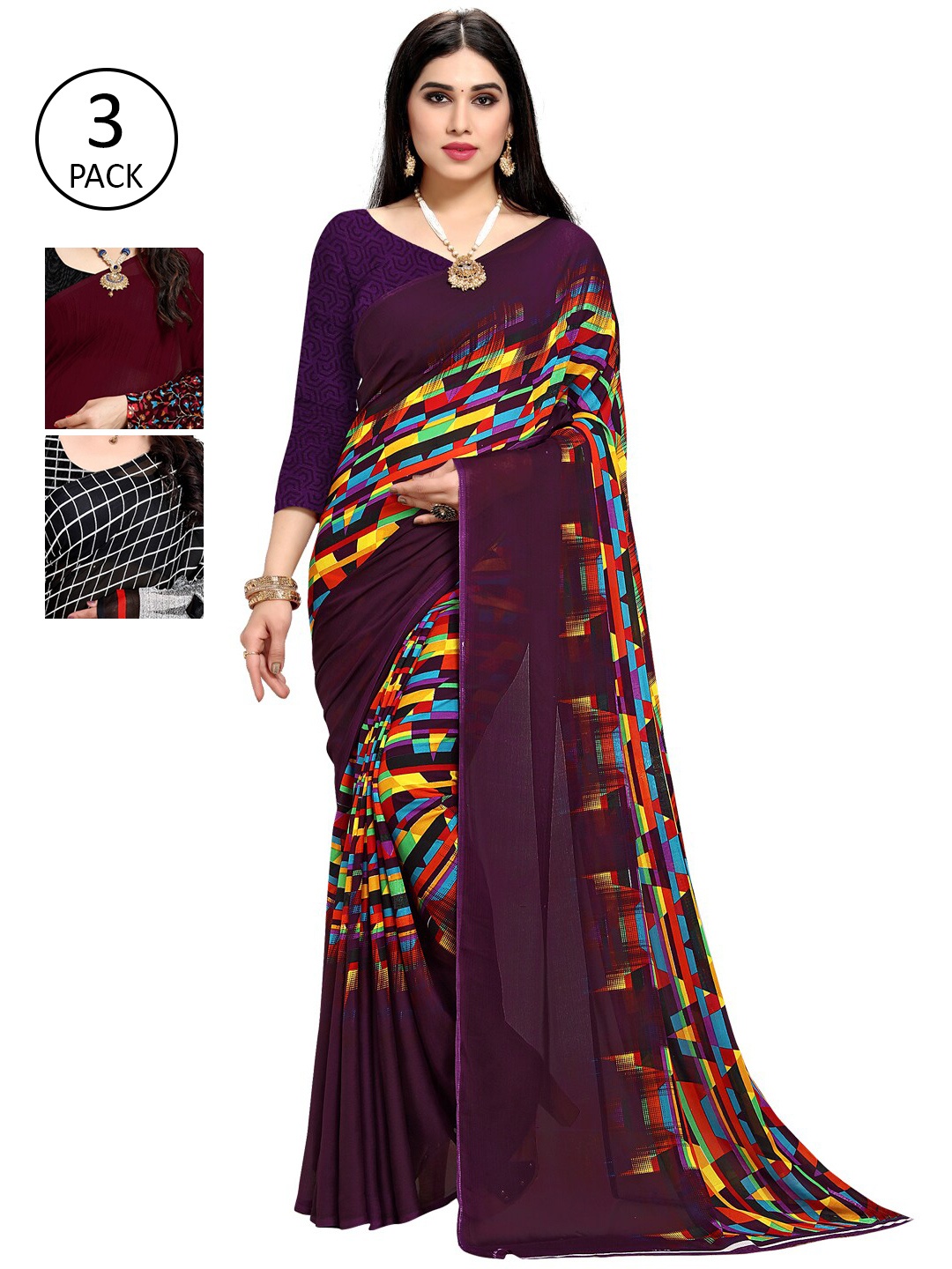 

KALINIPack Of 3 Printed Sarees, Purple