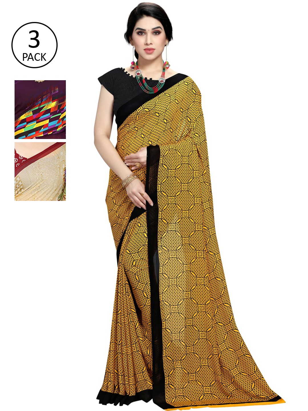 

KALINI Pack Of 3 Printed Saree, Yellow