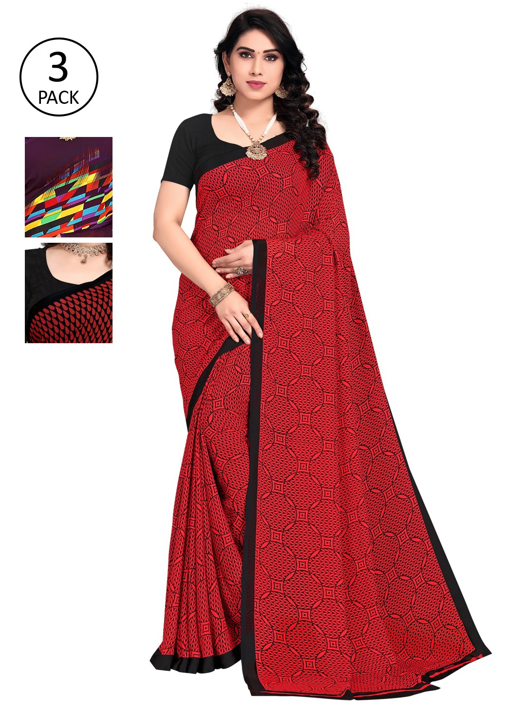 

KALINI Pack Of 3 Printed Sarees, Red