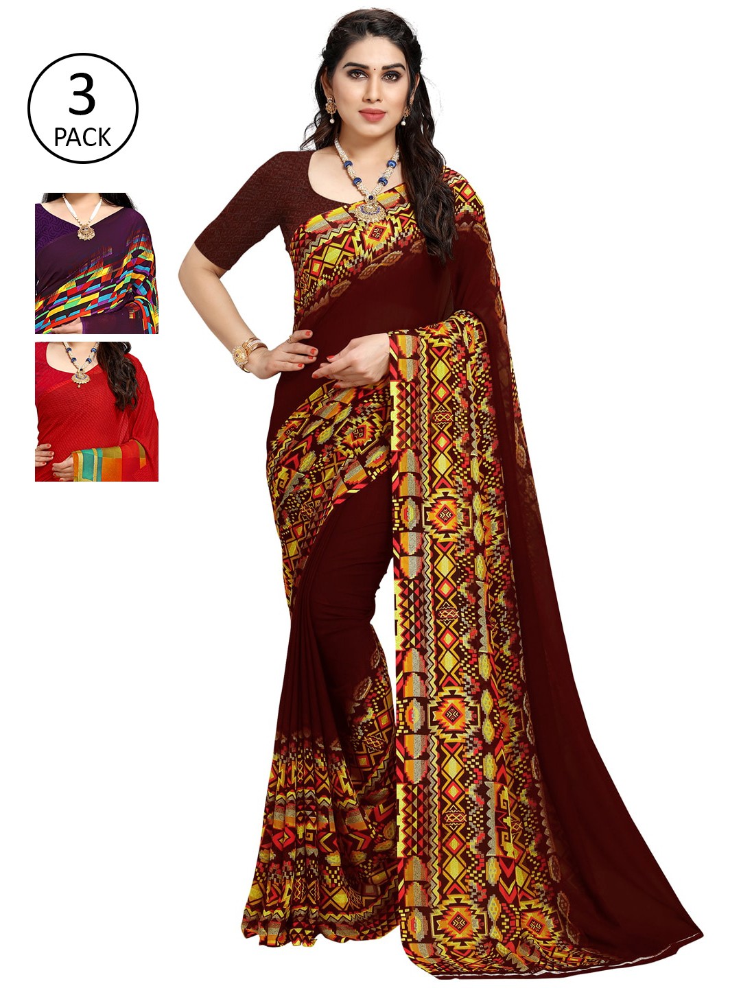 

KALINI Pack Of 3 Printed Sarees, Red