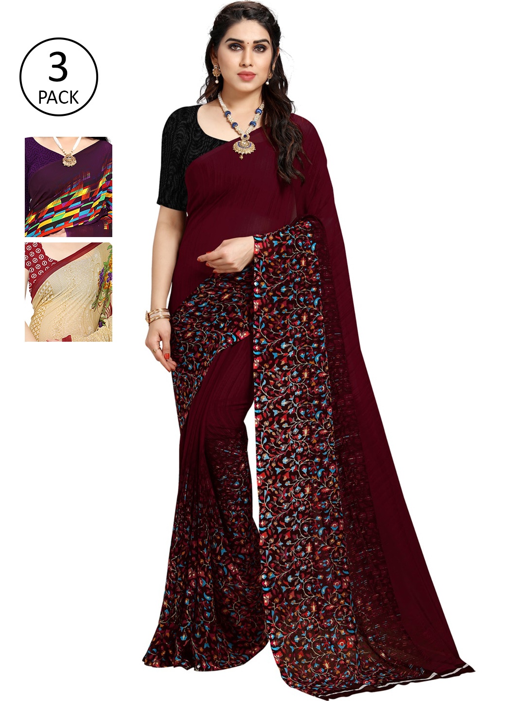 

KALINI Pack Of 3 Multicoloured Printed Sarees, Multi
