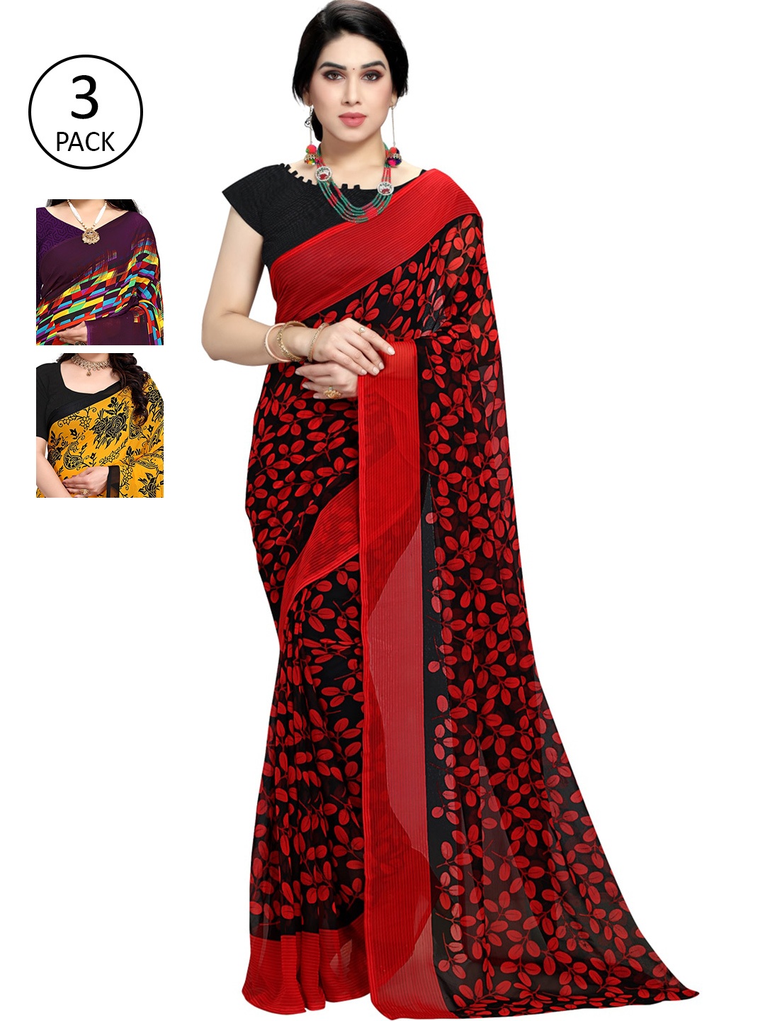 

KALINI Pack Of 3 Printed Saree, Red