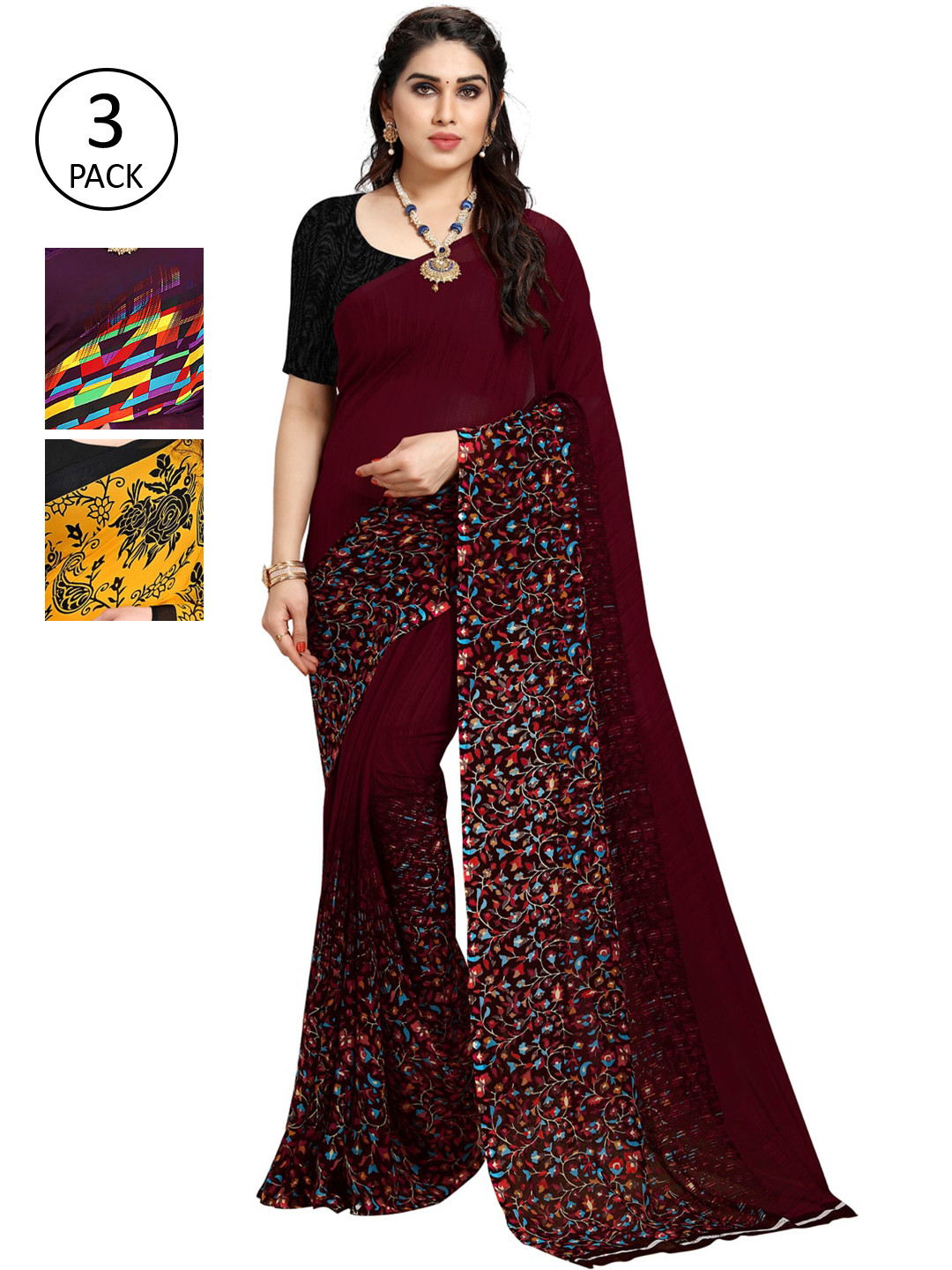 

KALINI Pack Of 3 Printed Sarees, Burgundy