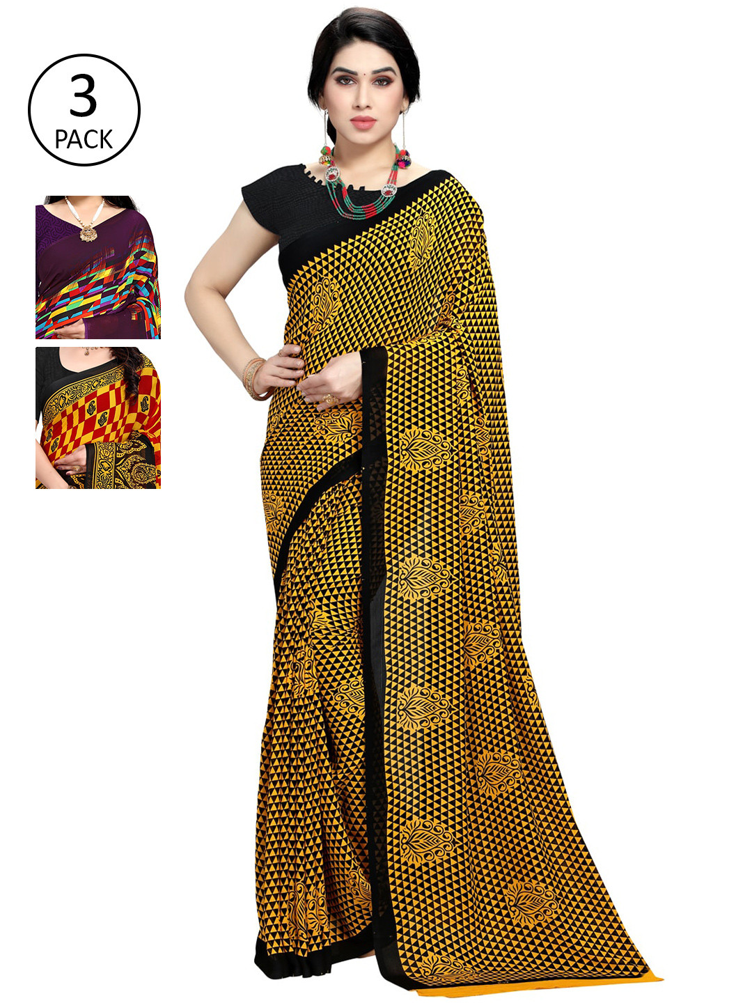 

KALINI Pack Of 3 Printed Sarees, Black