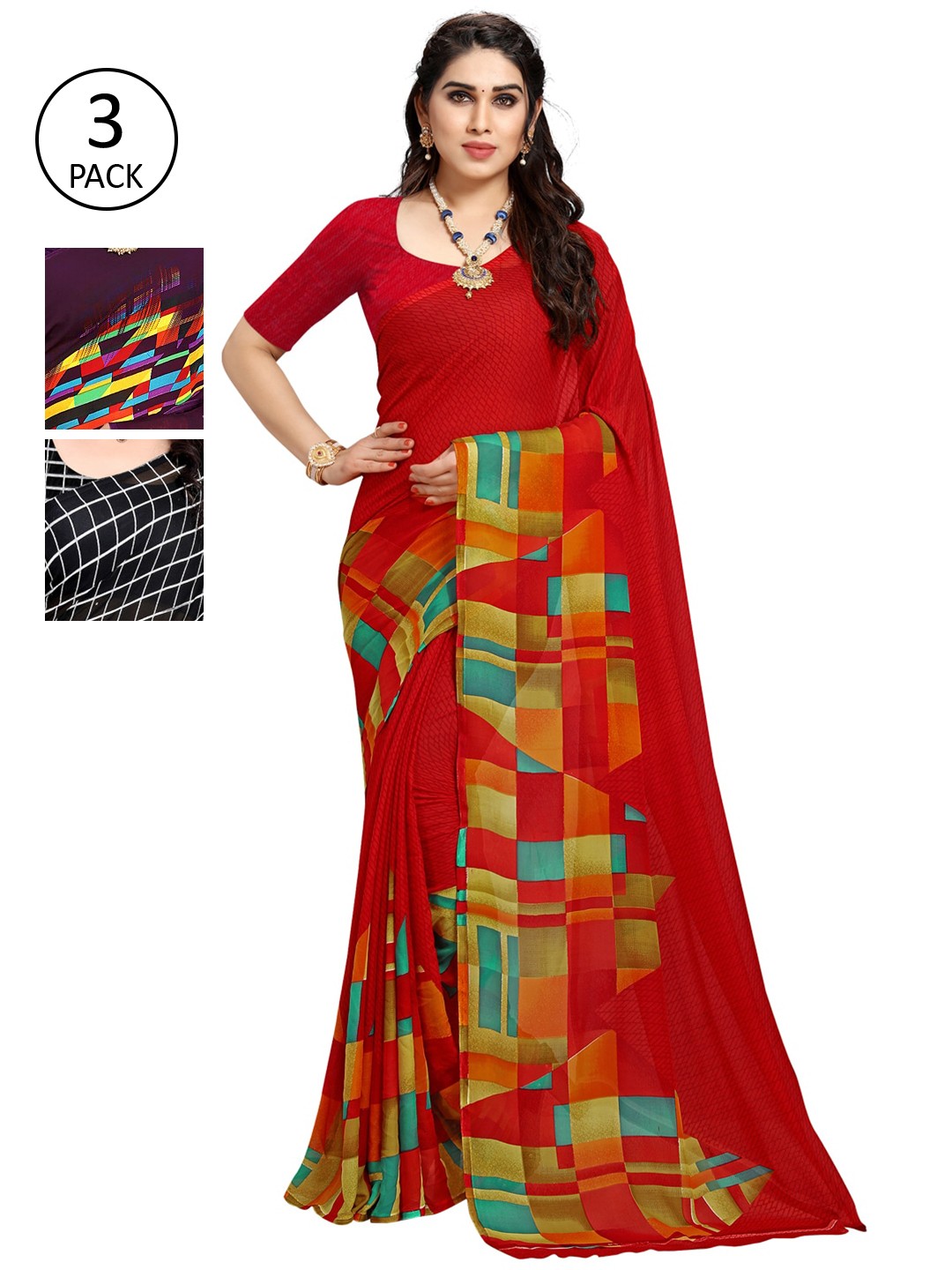 

KALINI Pack Of 3 Printed Sarees, Red