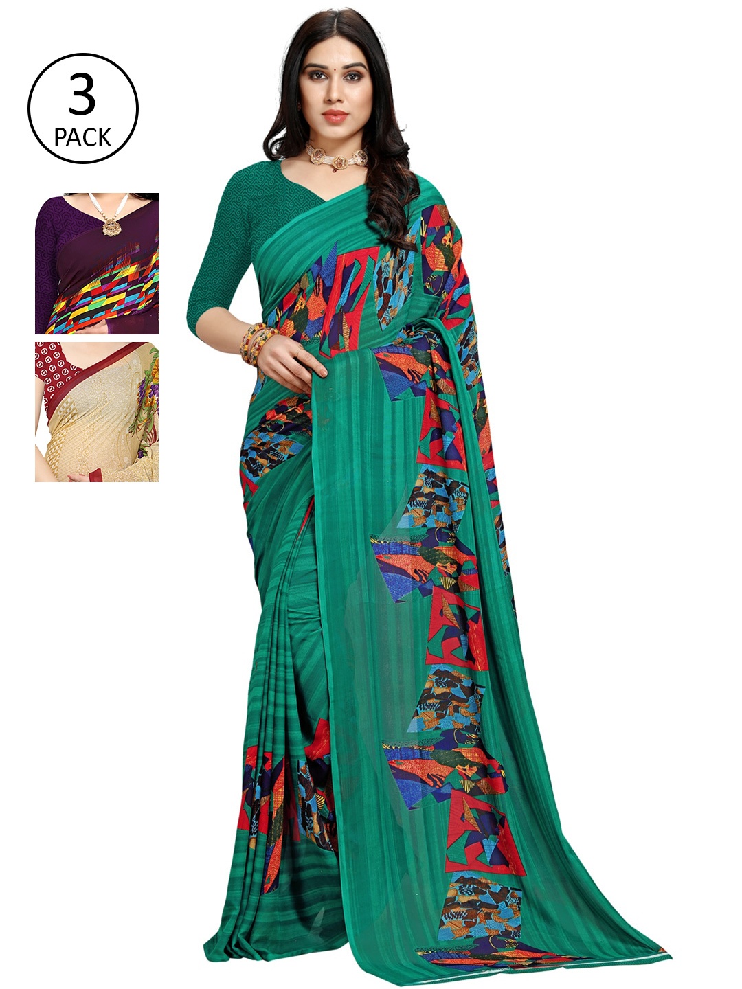 

KALINI Pack Of 3 Multicoloured Printed Sarees, Multi