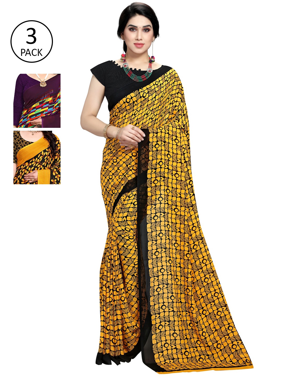 

KALINI Pack Of 3 Printed Saree, Yellow