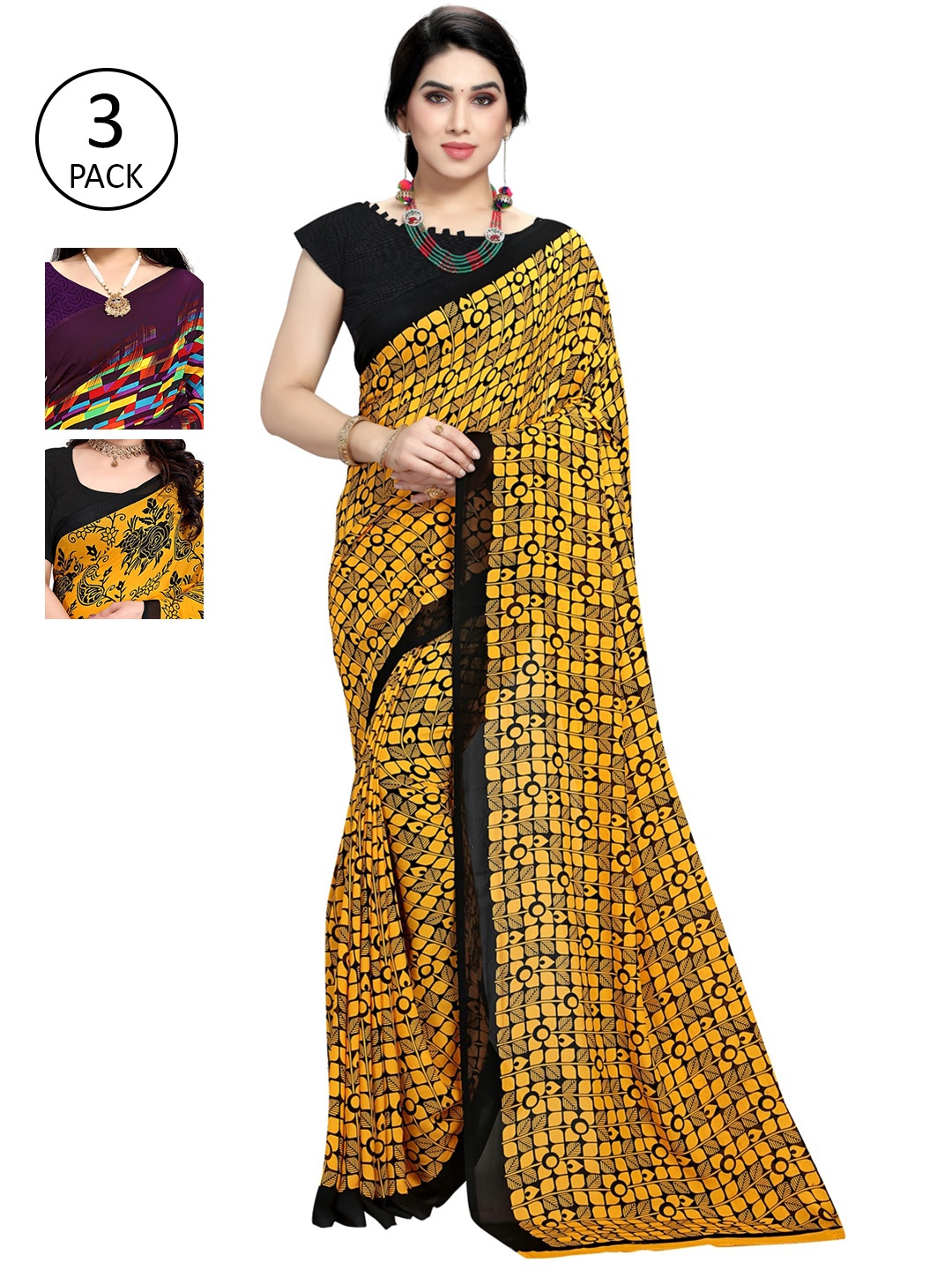 

KALINI Pack Of 3 Printed Sarees, Yellow