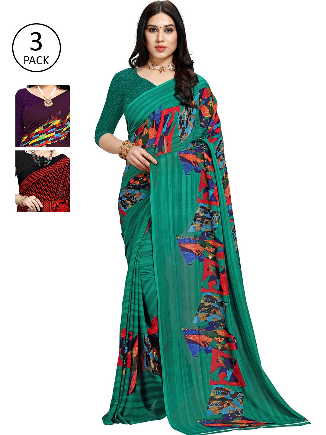 

KALINI Pack Of 3 Printed Saree, Green