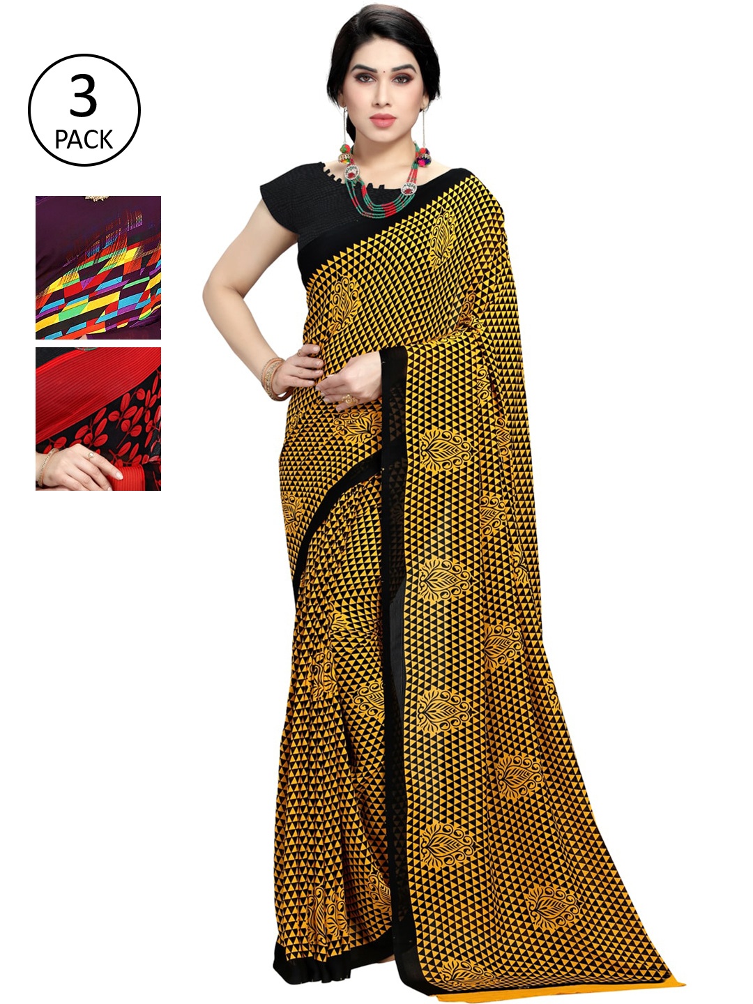 

KALINI Pack Of 3 Printed Sarees, Yellow