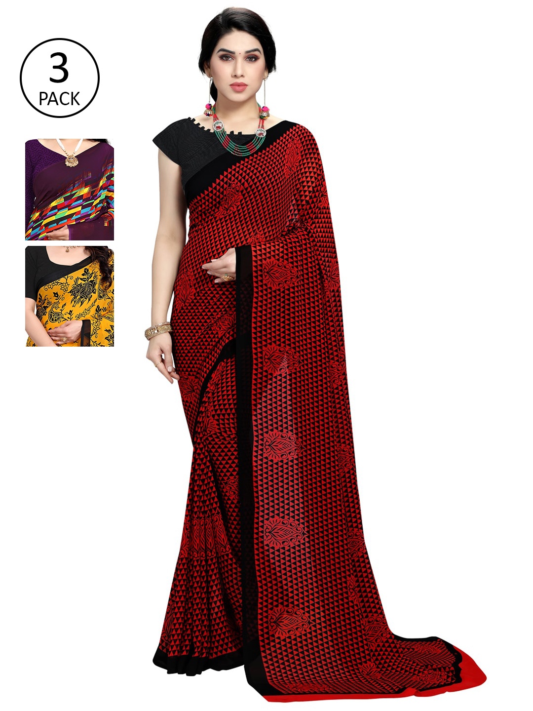 

KALINI Pack Of 3 Printed Sarees, Red