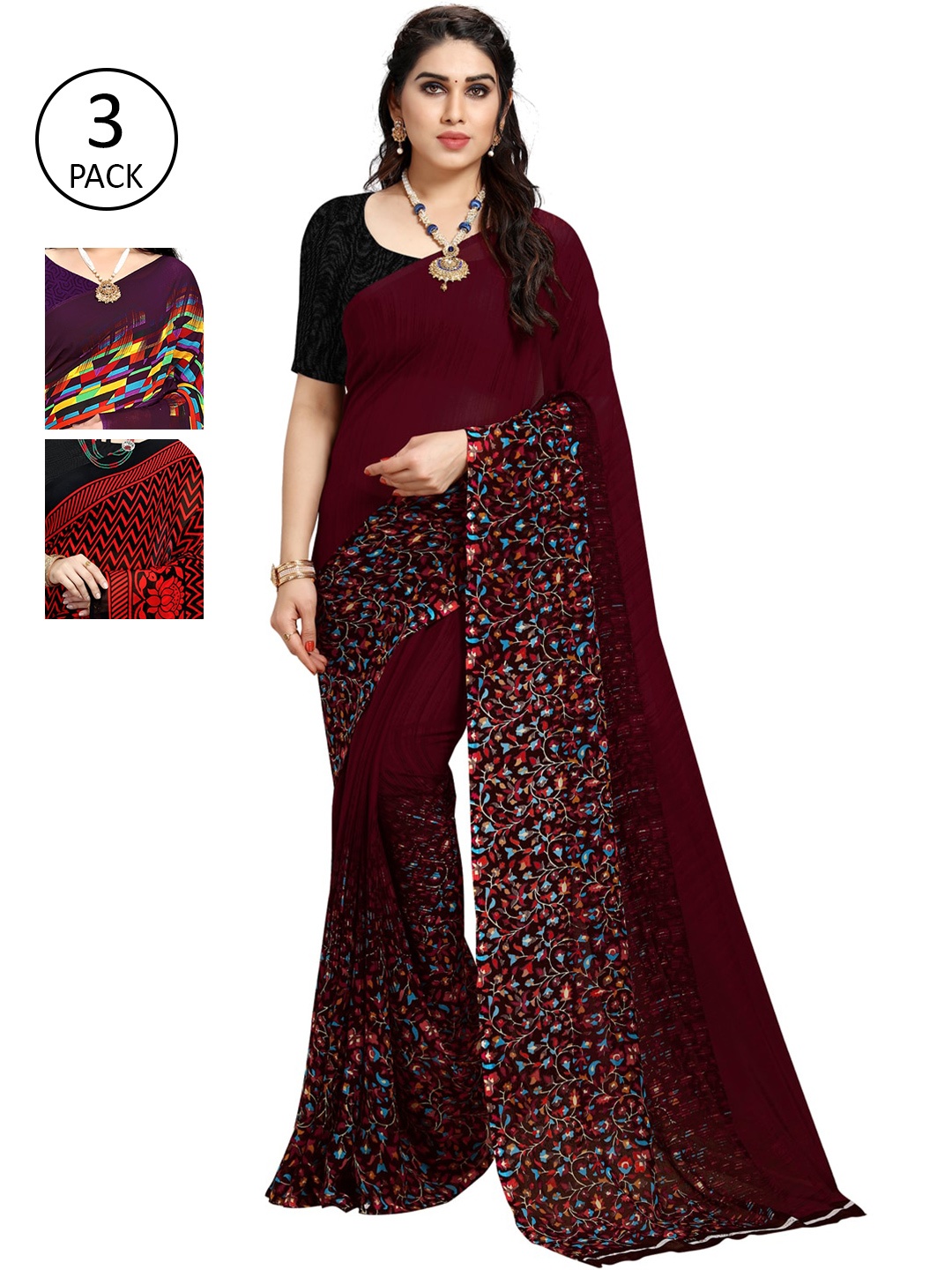 

KALINI Pack Of 3 Printed Saree, Purple