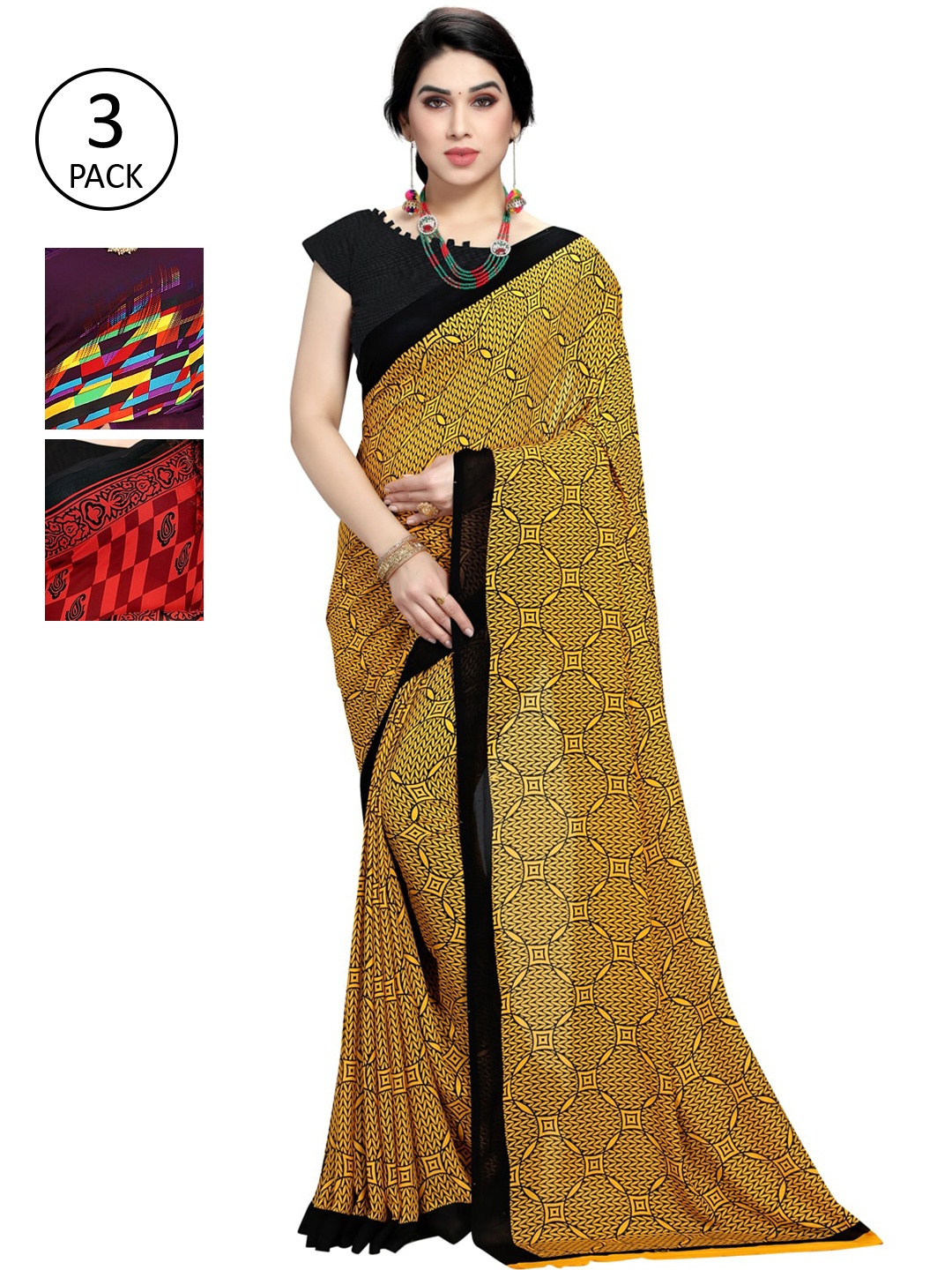

KALINI Pack Of 3 Printed Saree, Yellow