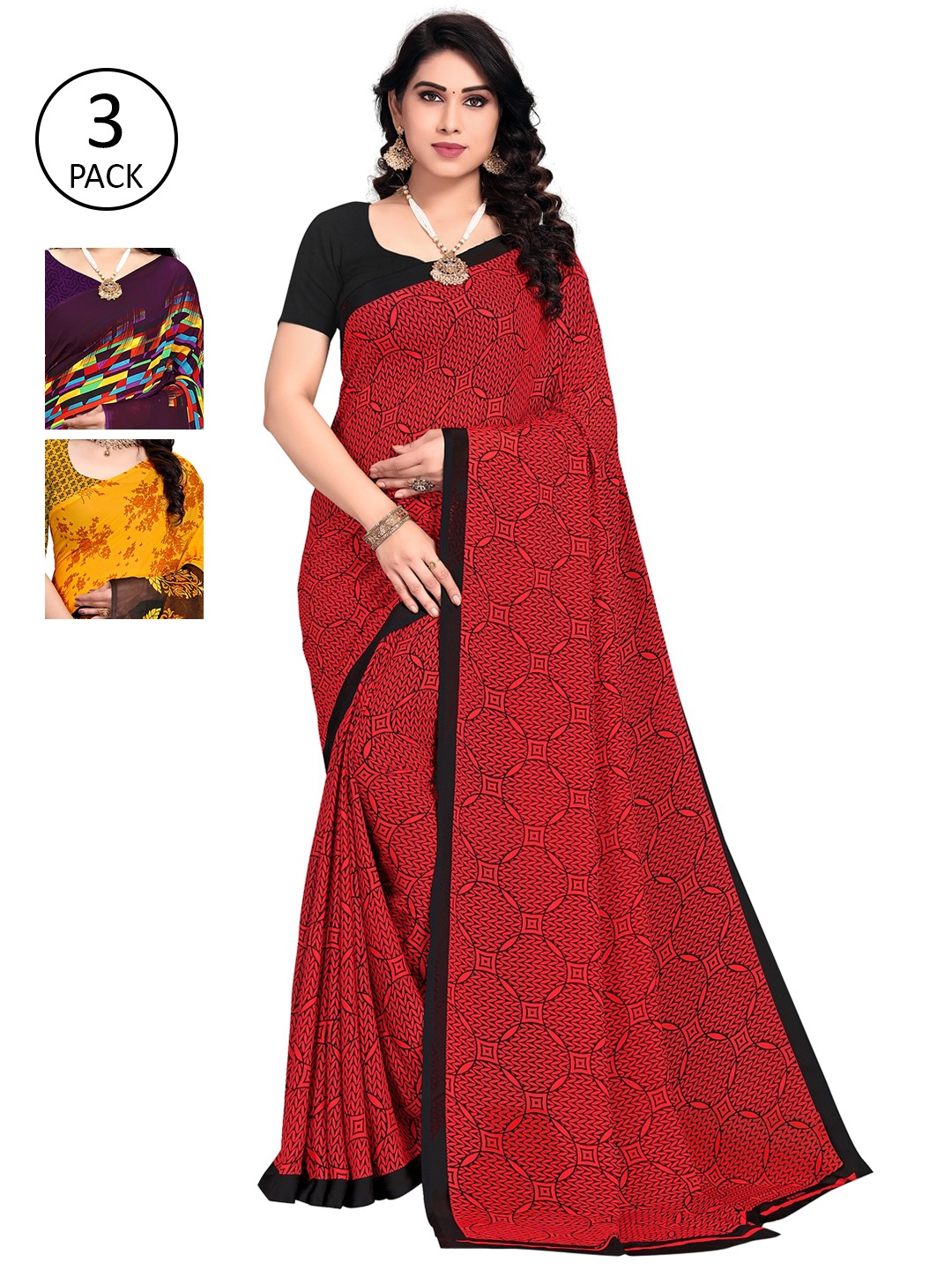 

KALINI Pack Of 3 Printed Saree, Red