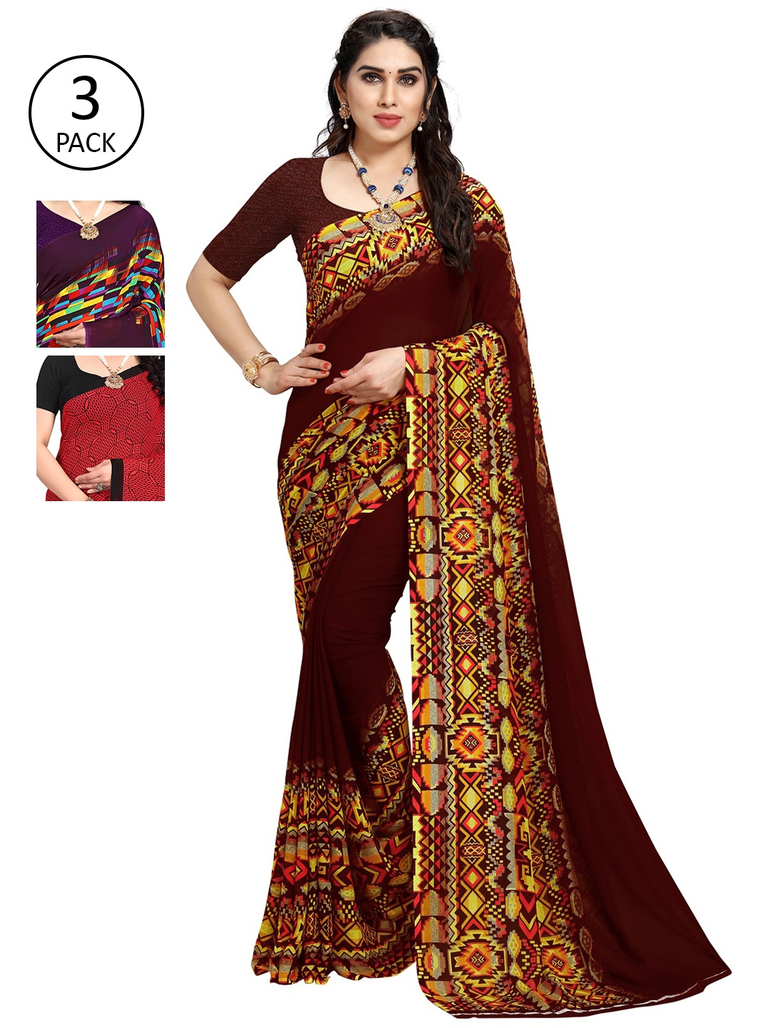 

KALINI Pack Of 3 Printed Saree, Burgundy