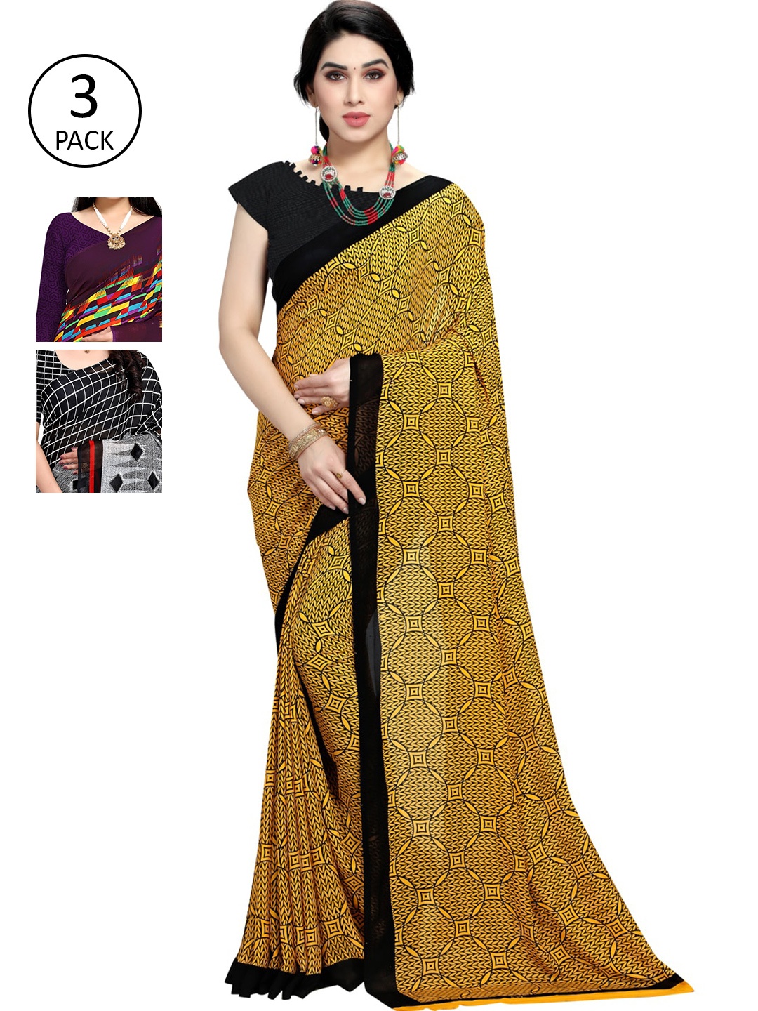 

KALINI Pack Of 3 Printed Sarees, Yellow