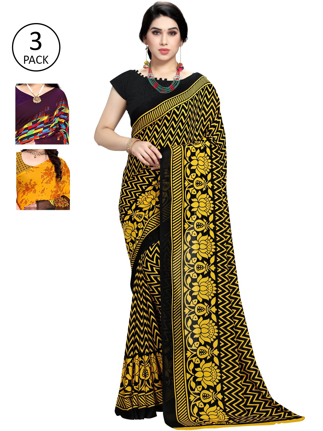 

KALINI Pack Of 3 Printed Saree, Yellow